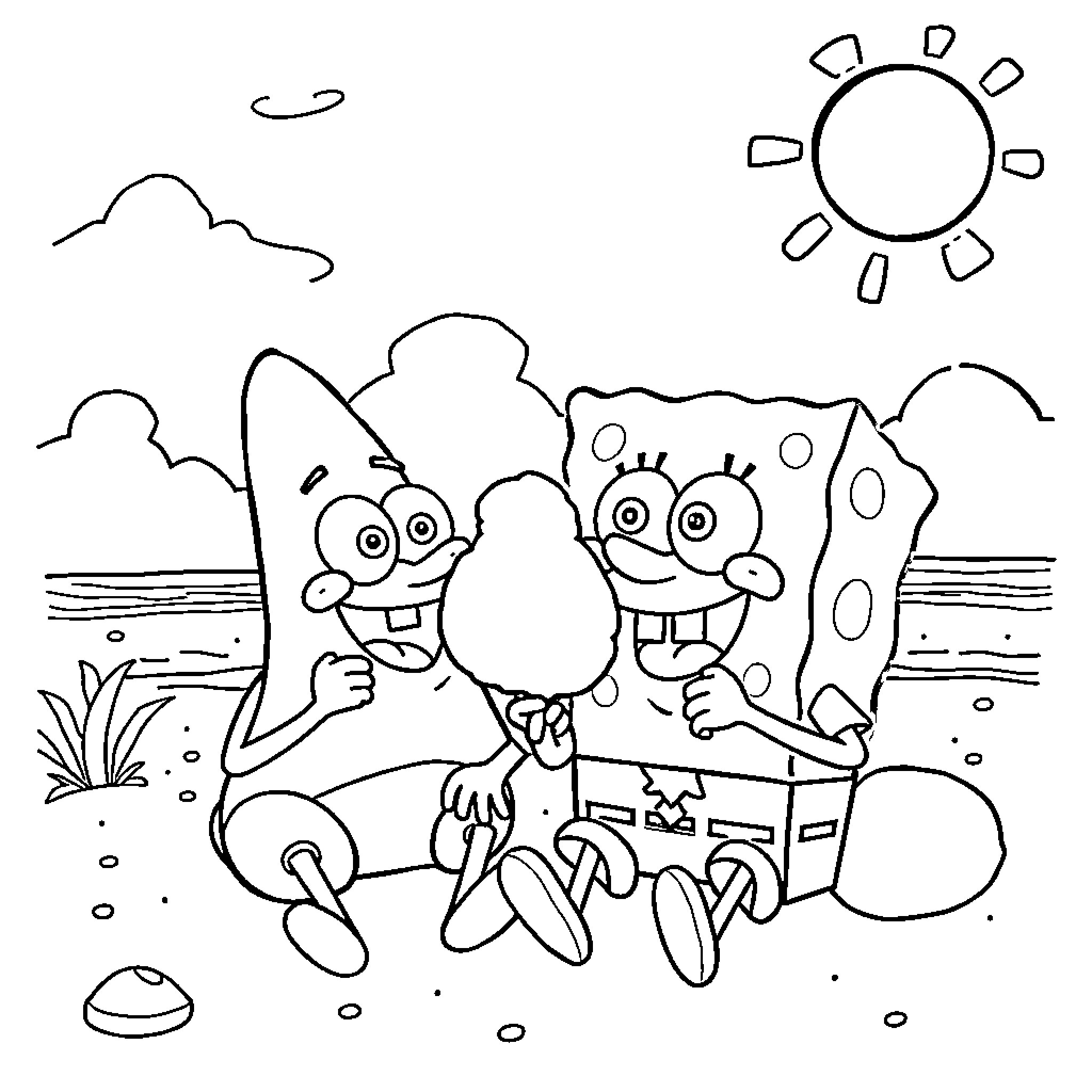 Spongebob and Patrick enjoying a sunny day Coloring Page (free black-and-white line drawing printable PDF for all, from beginners to advanced learners, including children, teens, adults, and seniors)