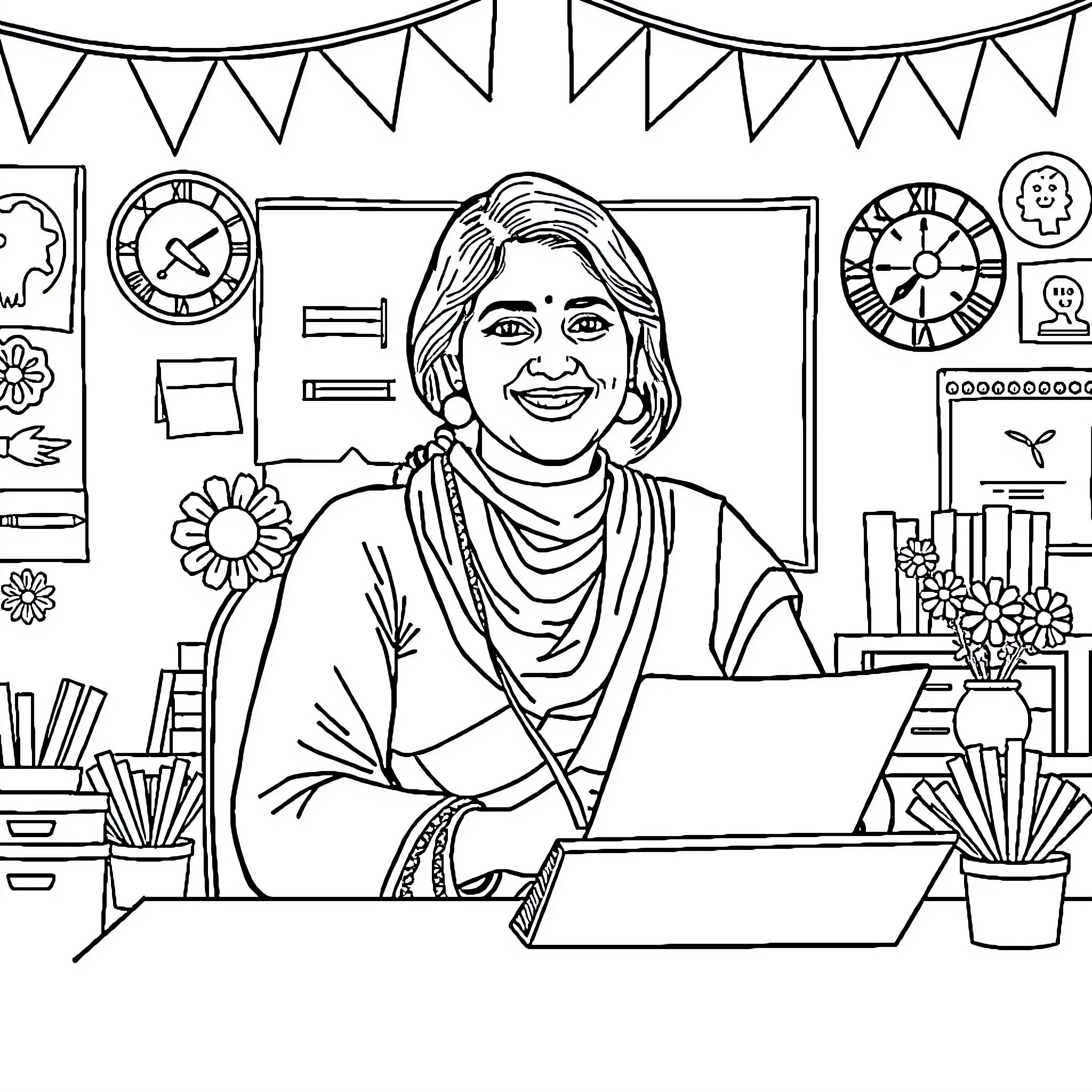 Shakuntla's Joyful Workspace Coloring Page (free black-and-white line drawing printable PDF for all, from beginners to advanced learners, including children, teens, adults, and seniors)
