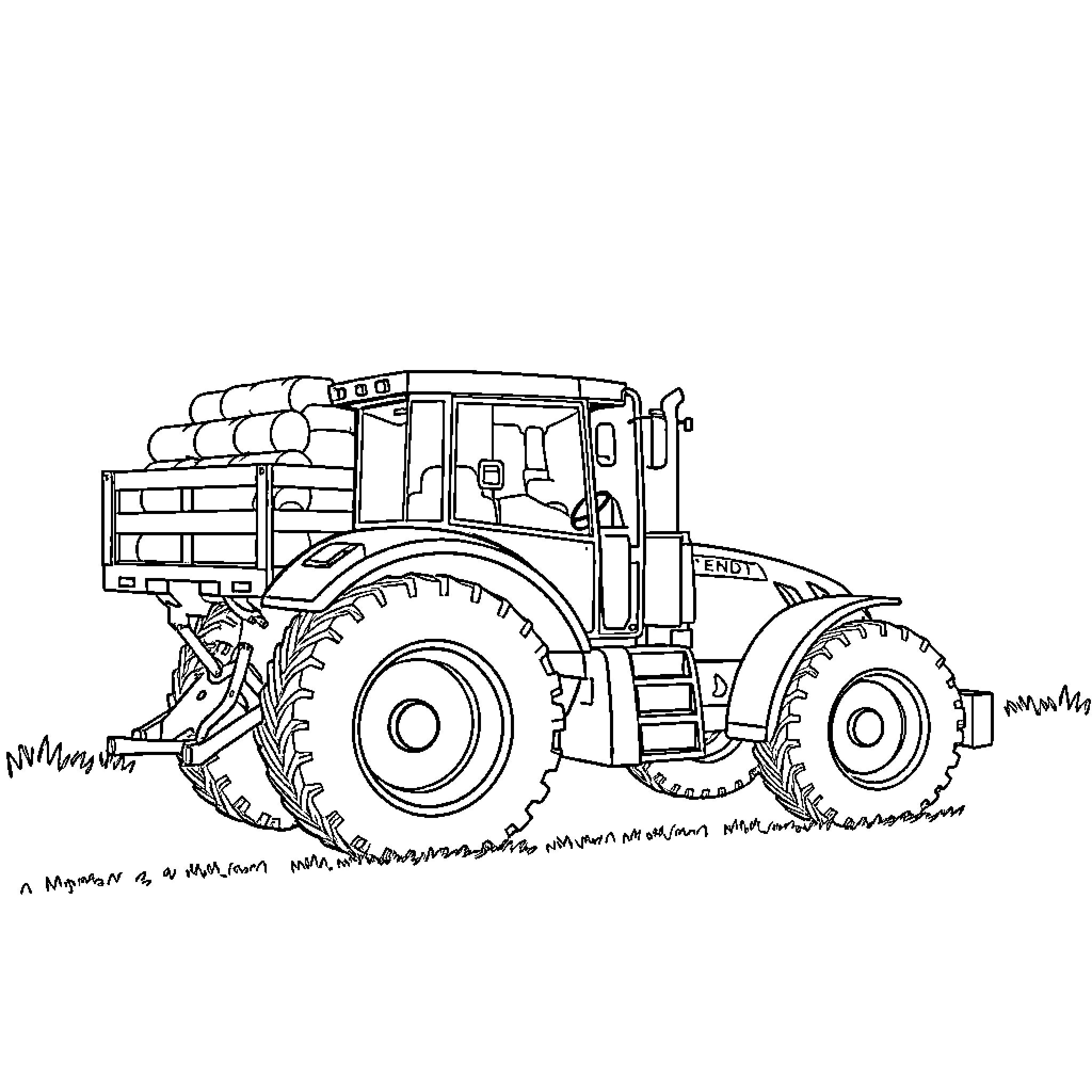 Tractor hauling logs through the countryside Coloring Page (free black-and-white line drawing printable PDF for all, from beginners to advanced learners, including children, teens, adults, and seniors)