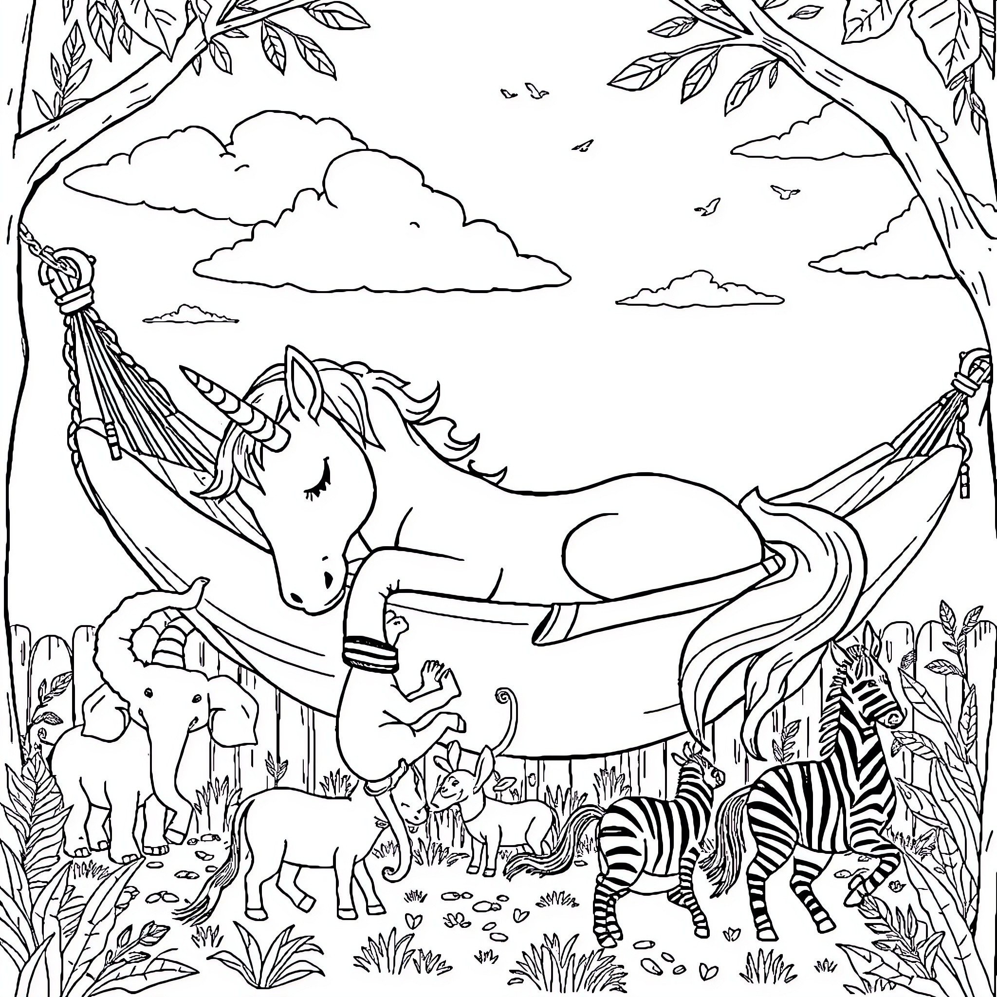 Unicorn resting peacefully in the serene forest Coloring Page (free black-and-white line drawing printable PDF for all, from beginners to advanced learners, including children, teens, adults, and seniors)