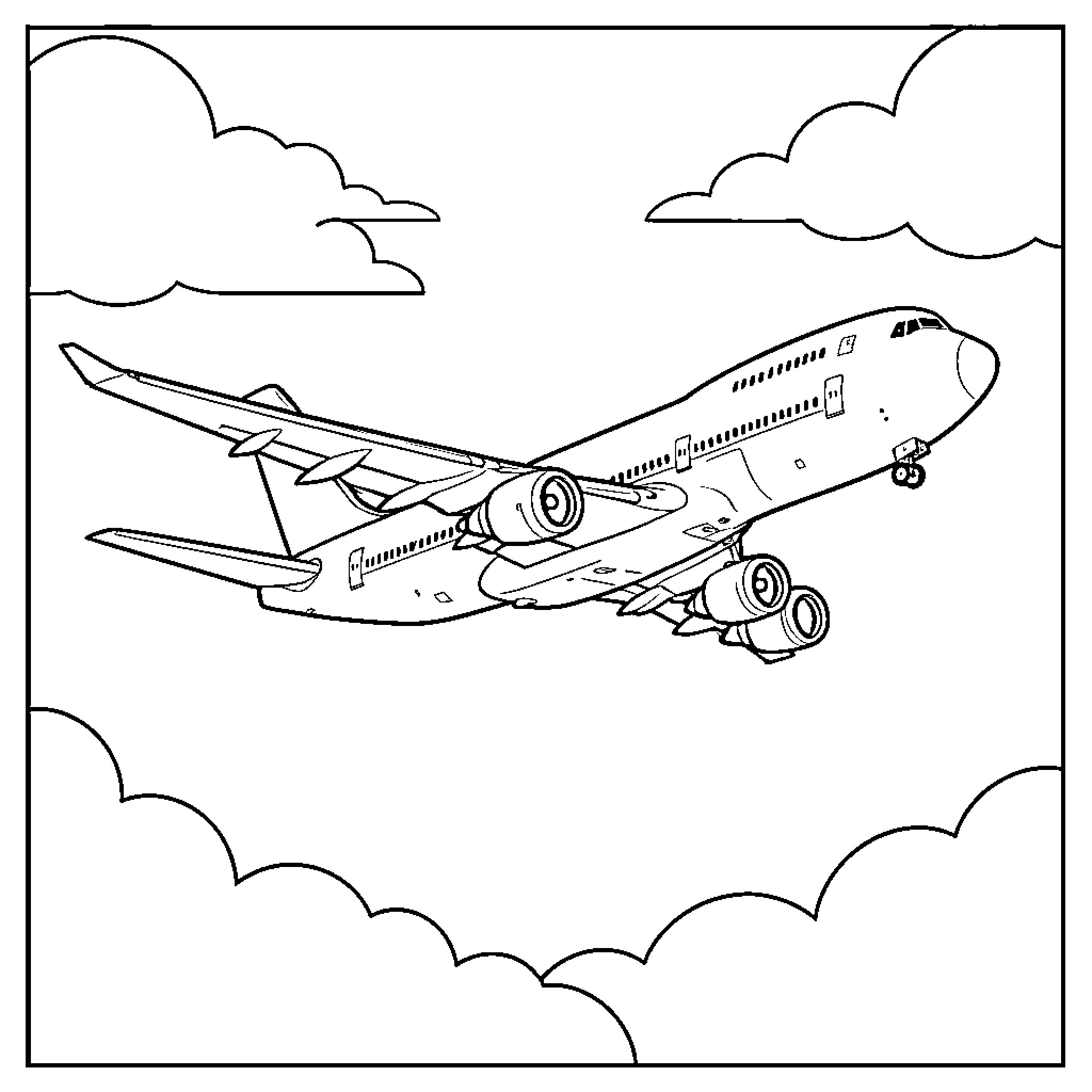 Boeing 747 flying high through the clouds Coloring Page (free black-and-white line drawing printable PDF for all, from beginners to advanced learners, including children, teens, adults, and seniors)