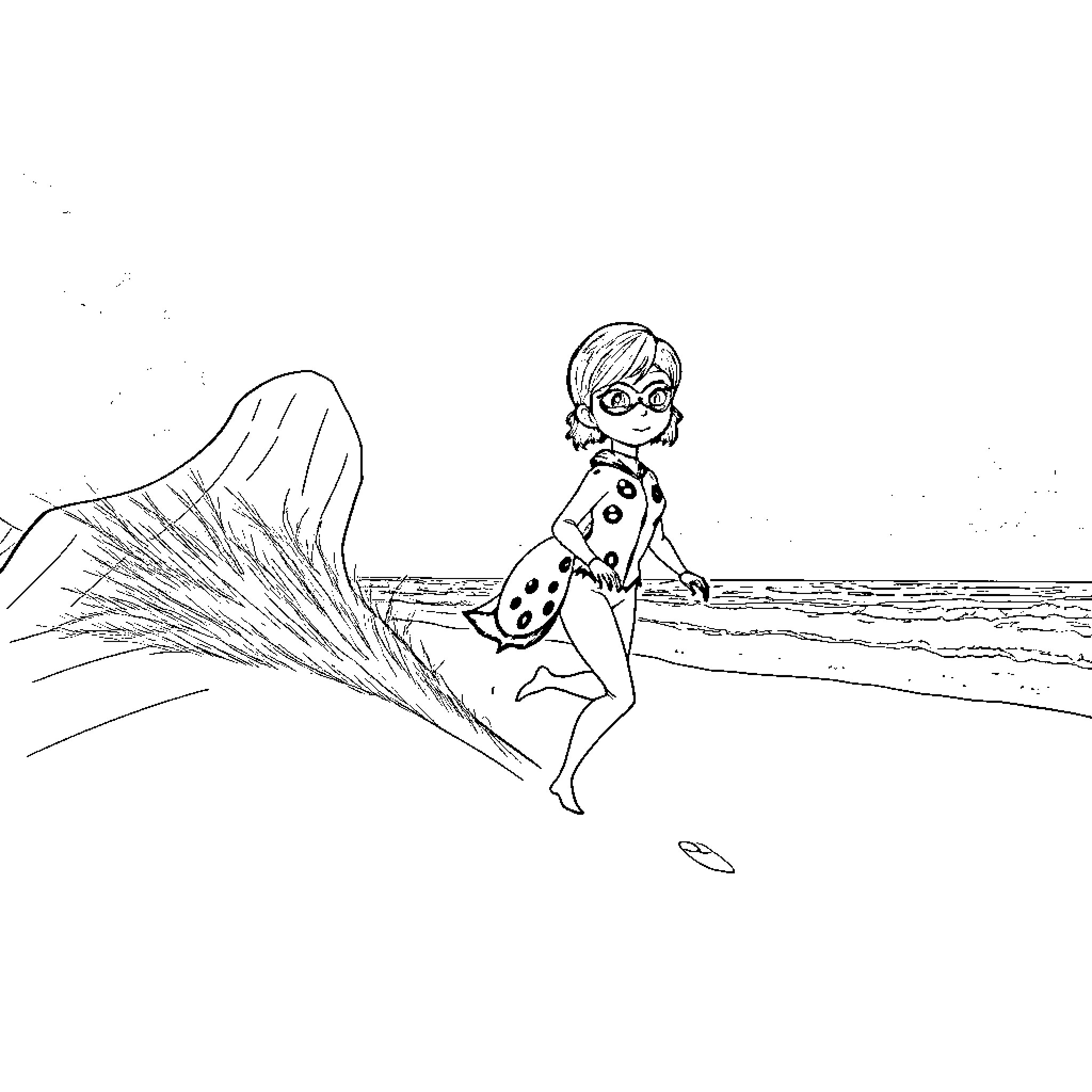 Ladybug in a whimsical beach scene Coloring Page (free black-and-white line drawing printable PDF for all, from beginners to advanced learners, including children, teens, adults, and seniors)
