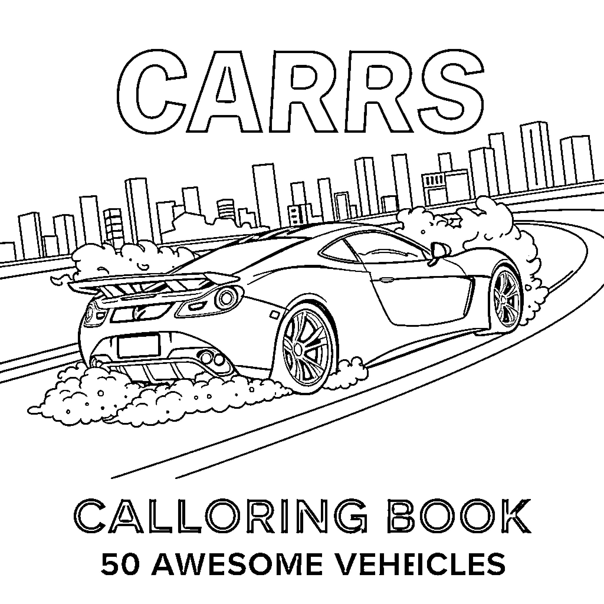 Car racing through city skyline Coloring Page (free black-and-white line drawing printable PDF for all, from beginners to advanced learners, including children, teens, adults, and seniors)