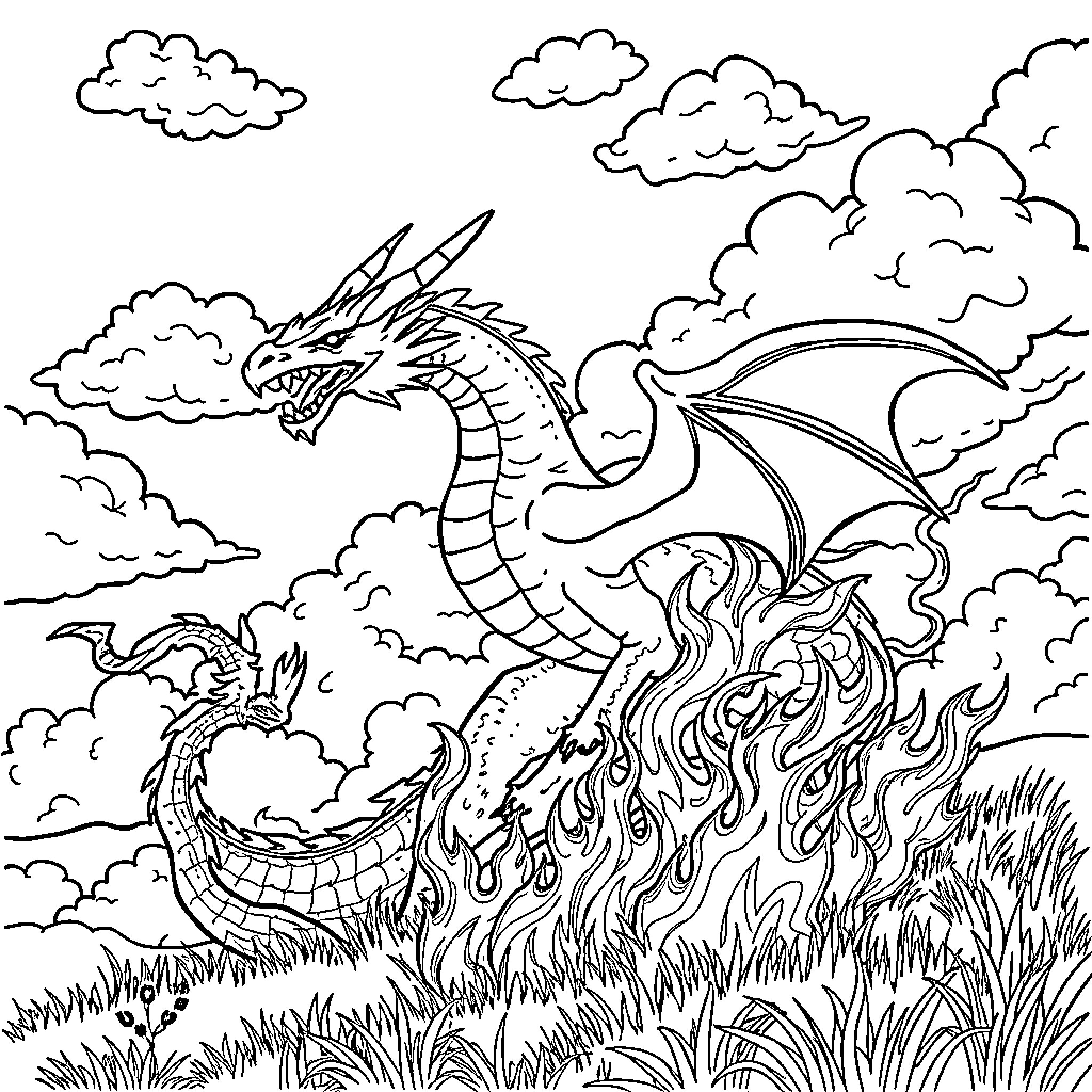 Dragon soaring through a cloudy sky Coloring Page (free black-and-white line drawing printable PDF for all, from beginners to advanced learners, including children, teens, adults, and seniors)
