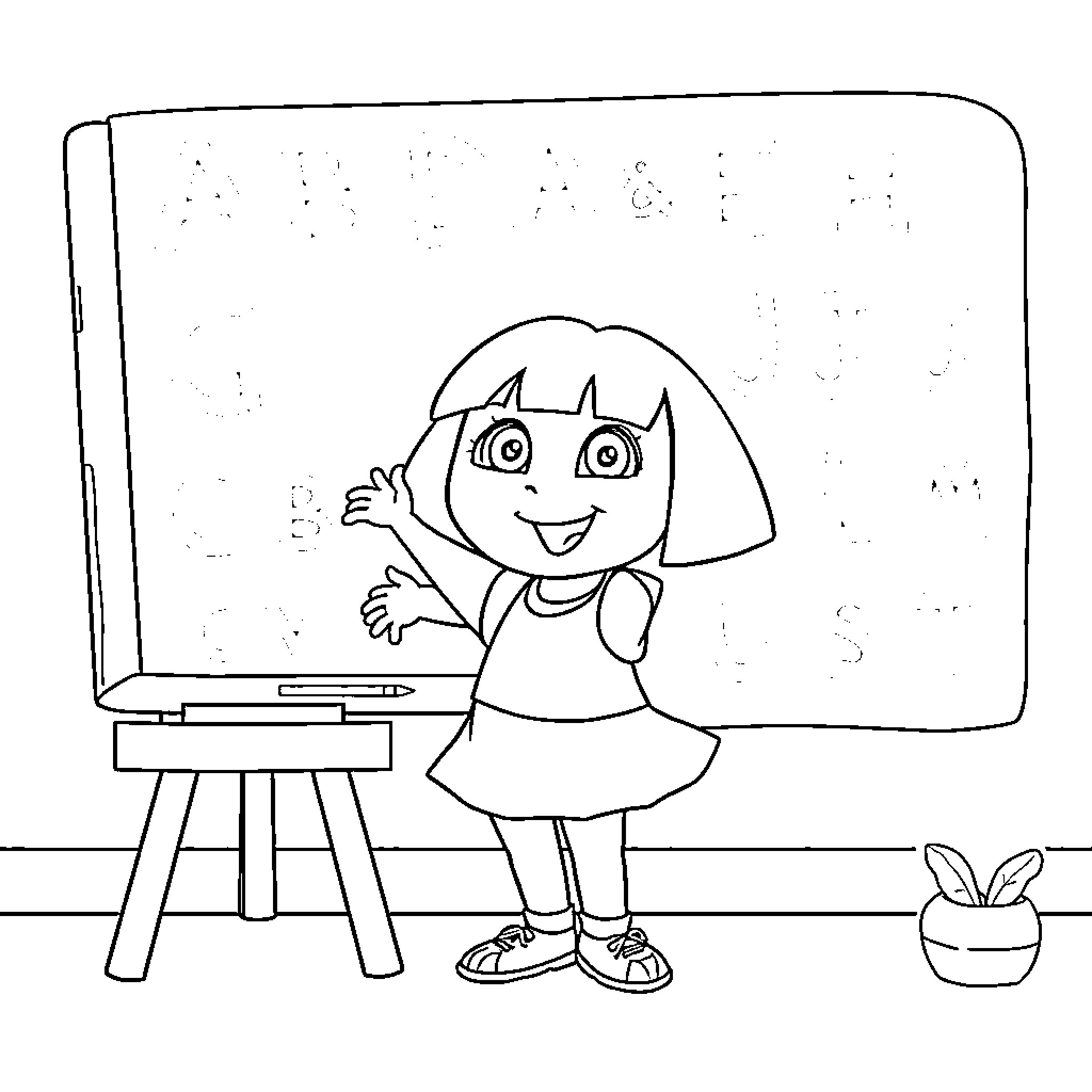 Dora painting at the easel Coloring Page (free black-and-white line drawing printable PDF for all, from beginners to advanced learners, including children, teens, adults, and seniors)