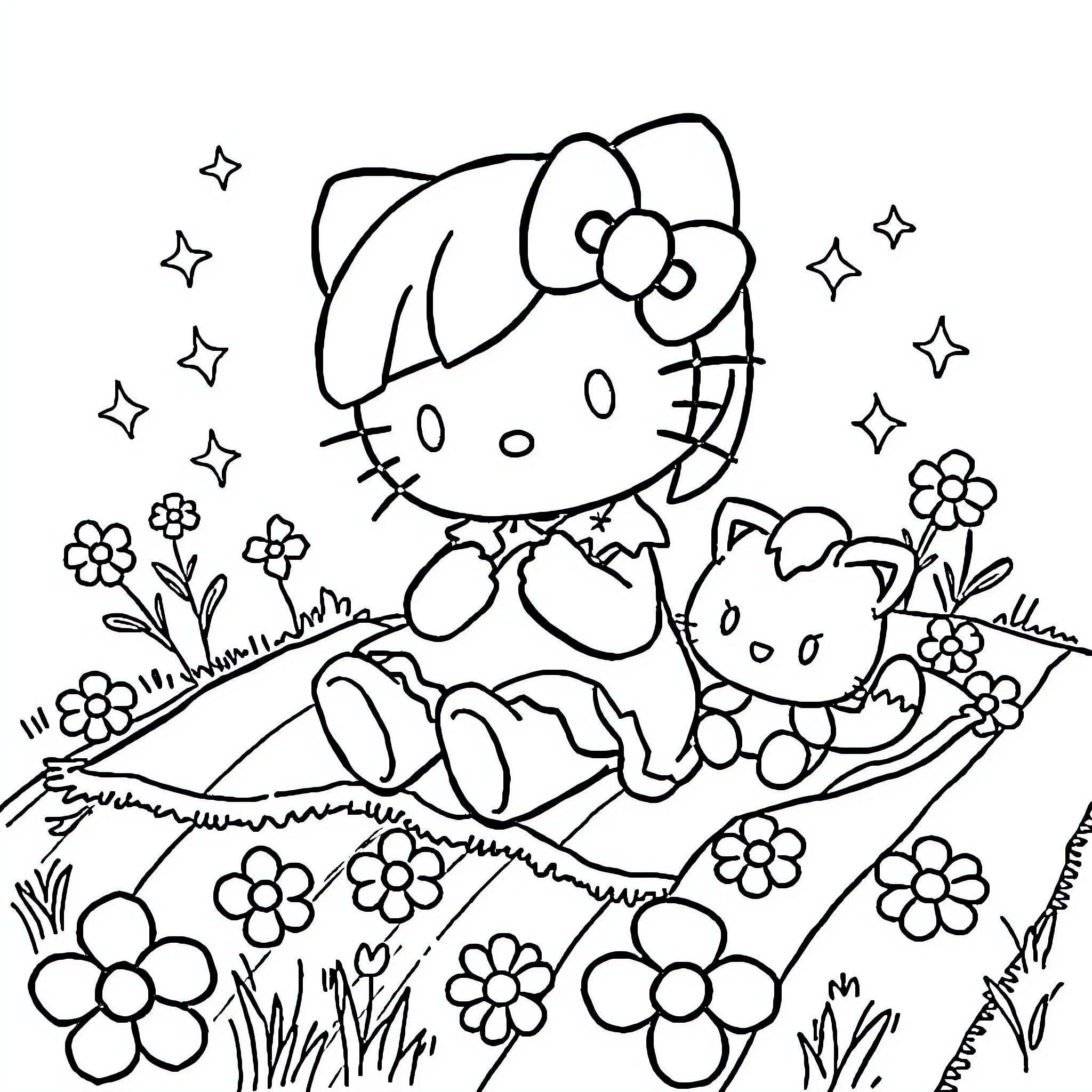 Kuromi relaxing in a floral field Coloring Page (free black-and-white line drawing printable PDF for all, from beginners to advanced learners, including children, teens, adults, and seniors)
