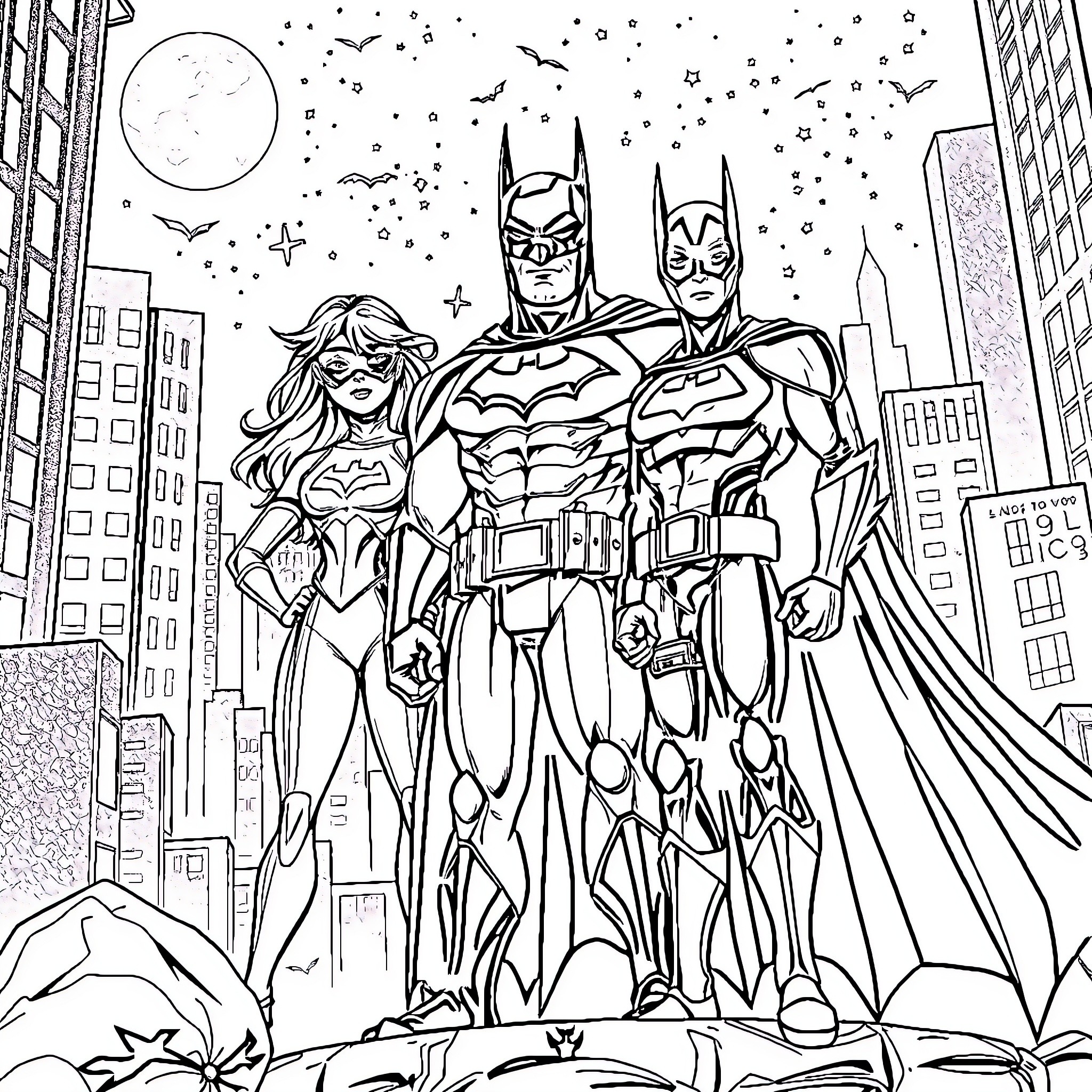 Batman and Gotham City Heroes in Action Coloring Page (free black-and-white line drawing printable PDF for all, from beginners to advanced learners, including children, teens, adults, and seniors)