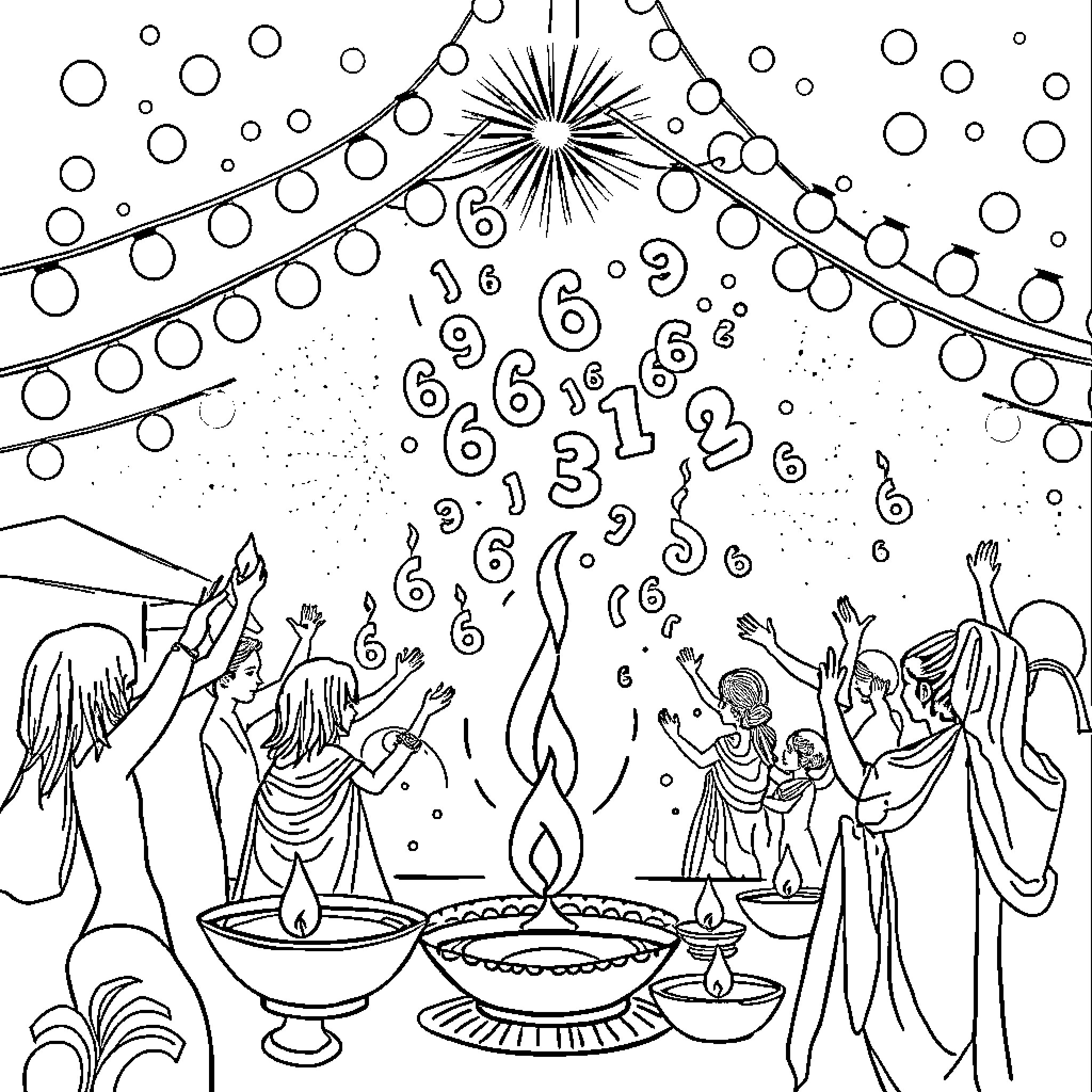 Number: People celebrating with fireworks and candles Coloring Page (free black-and-white line drawing printable PDF for all, from beginners to advanced learners, including children, teens, adults, and seniors)