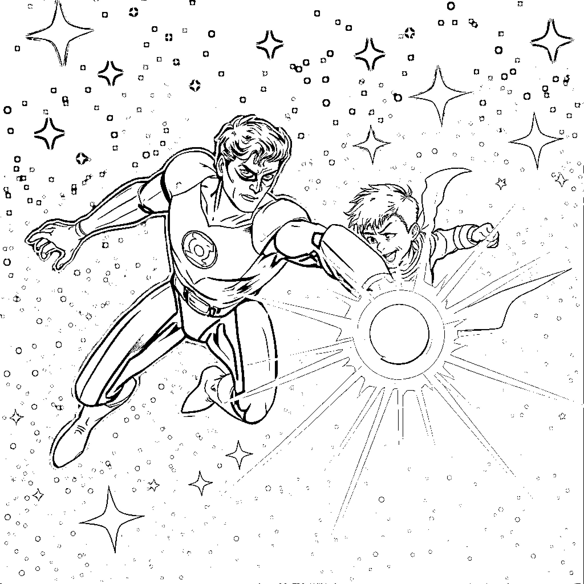 Green Lantern saving the day in cosmic battle Coloring Page (free black-and-white line drawing printable PDF for all, from beginners to advanced learners, including children, teens, adults, and seniors)