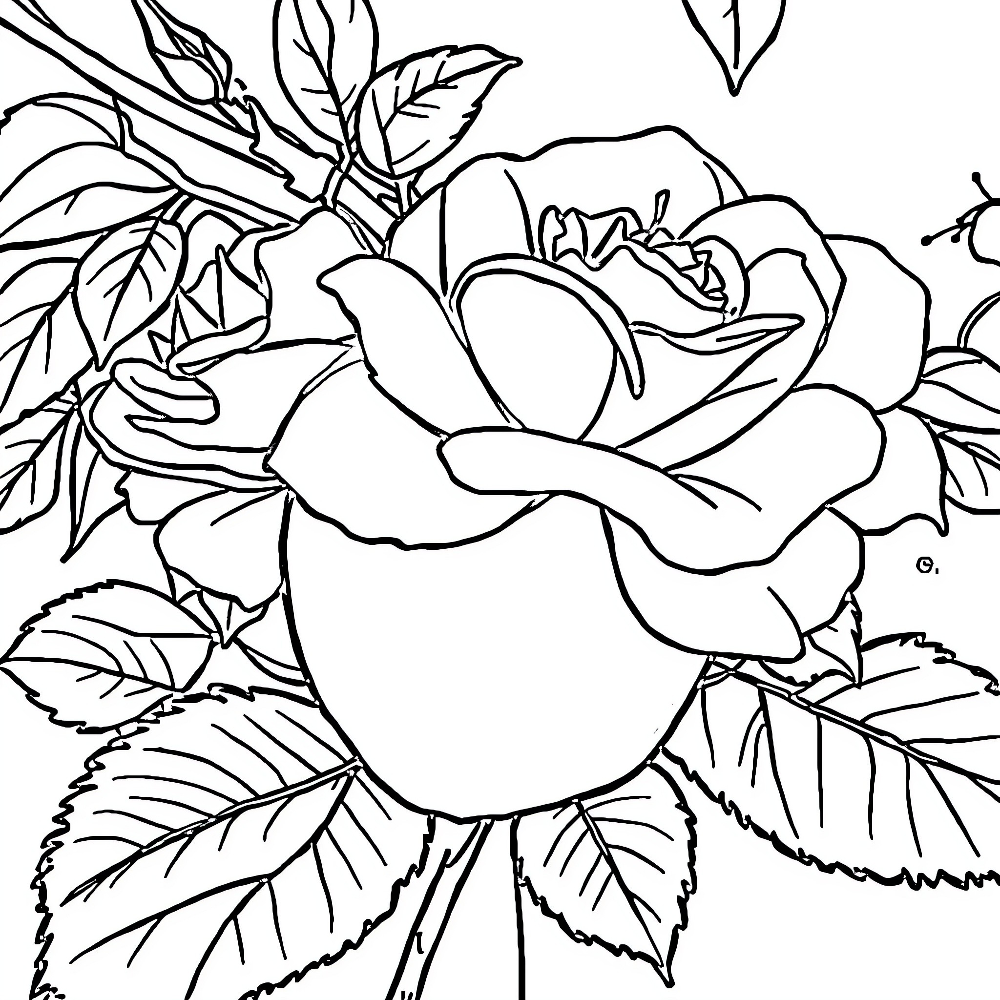 Red Roses Blooming in Floral Garden Coloring Page (free black-and-white line drawing printable PDF for all, from beginners to advanced learners, including children, teens, adults, and seniors)