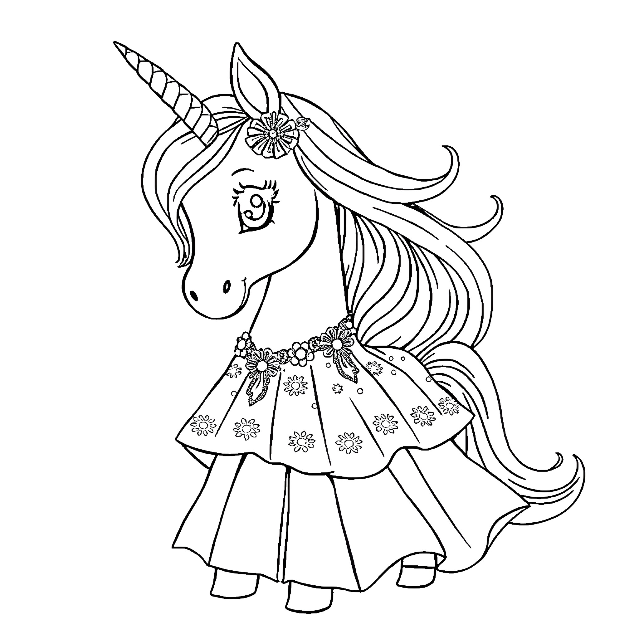 Unicorn wearing a floral dress and flower crown Coloring Page (free black-and-white line drawing printable PDF for all, from beginners to advanced learners, including children, teens, adults, and seniors)