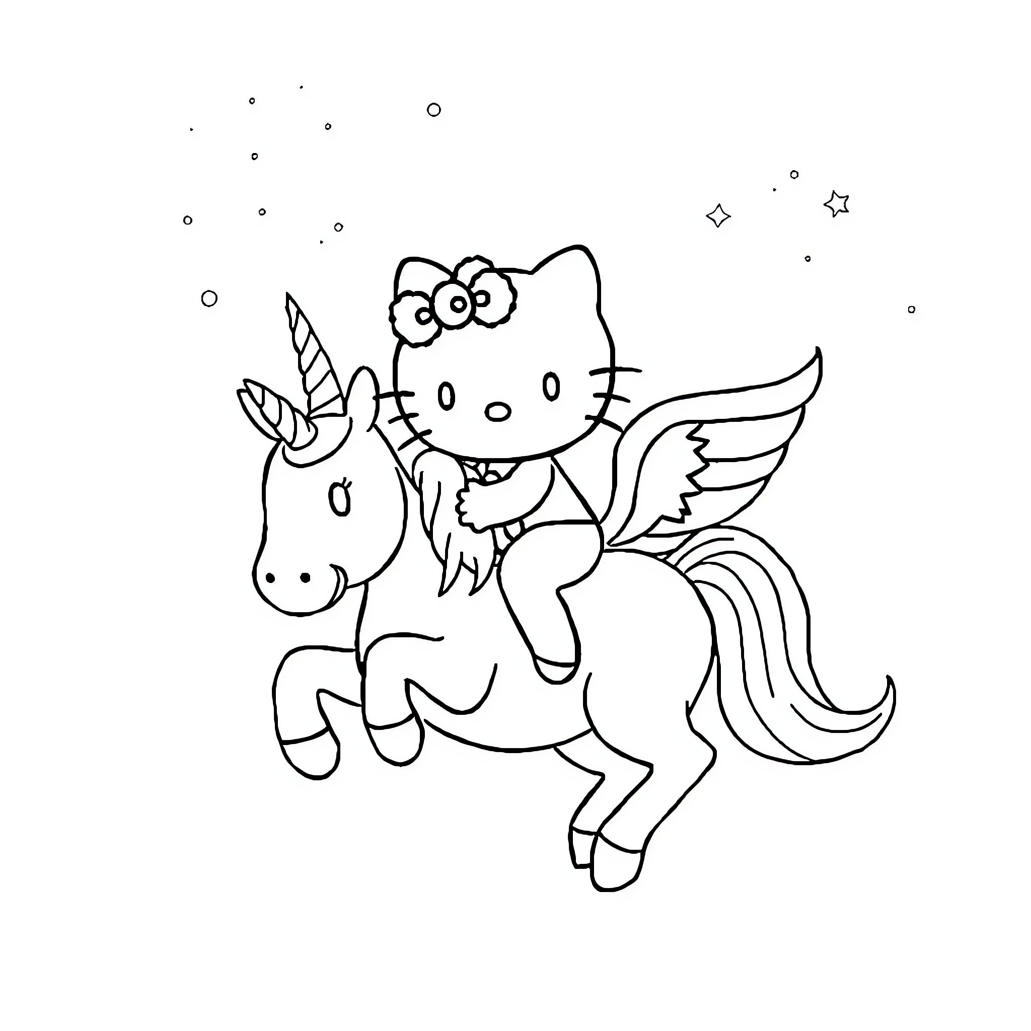 Hello Kitty riding a magical unicorn Coloring Page (free black-and-white line drawing printable PDF for all, from beginners to advanced learners, including children, teens, adults, and seniors)