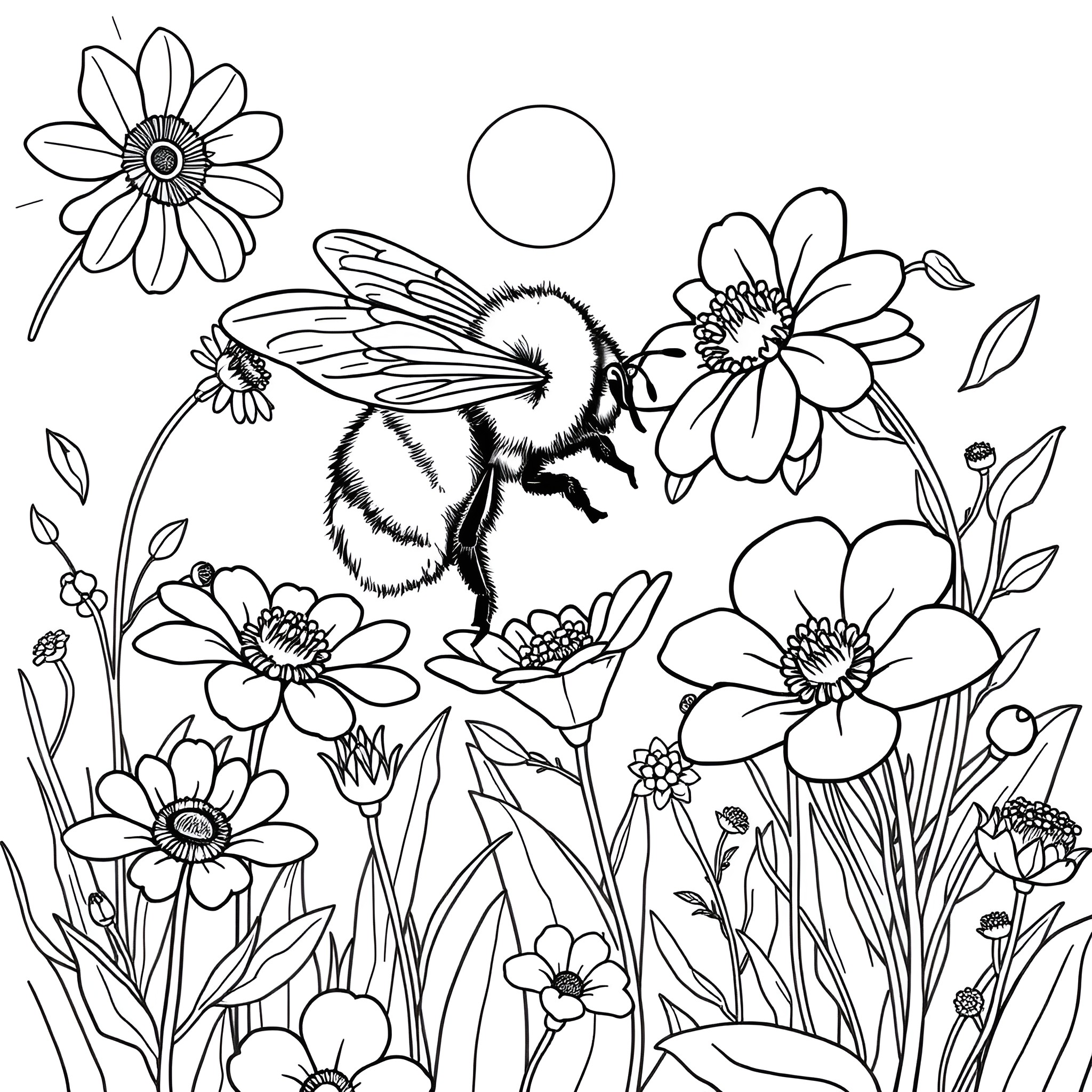 Bumblebee pollinating flowers in a garden Coloring Page (free black-and-white line drawing printable PDF for all, from beginners to advanced learners, including children, teens, adults, and seniors)