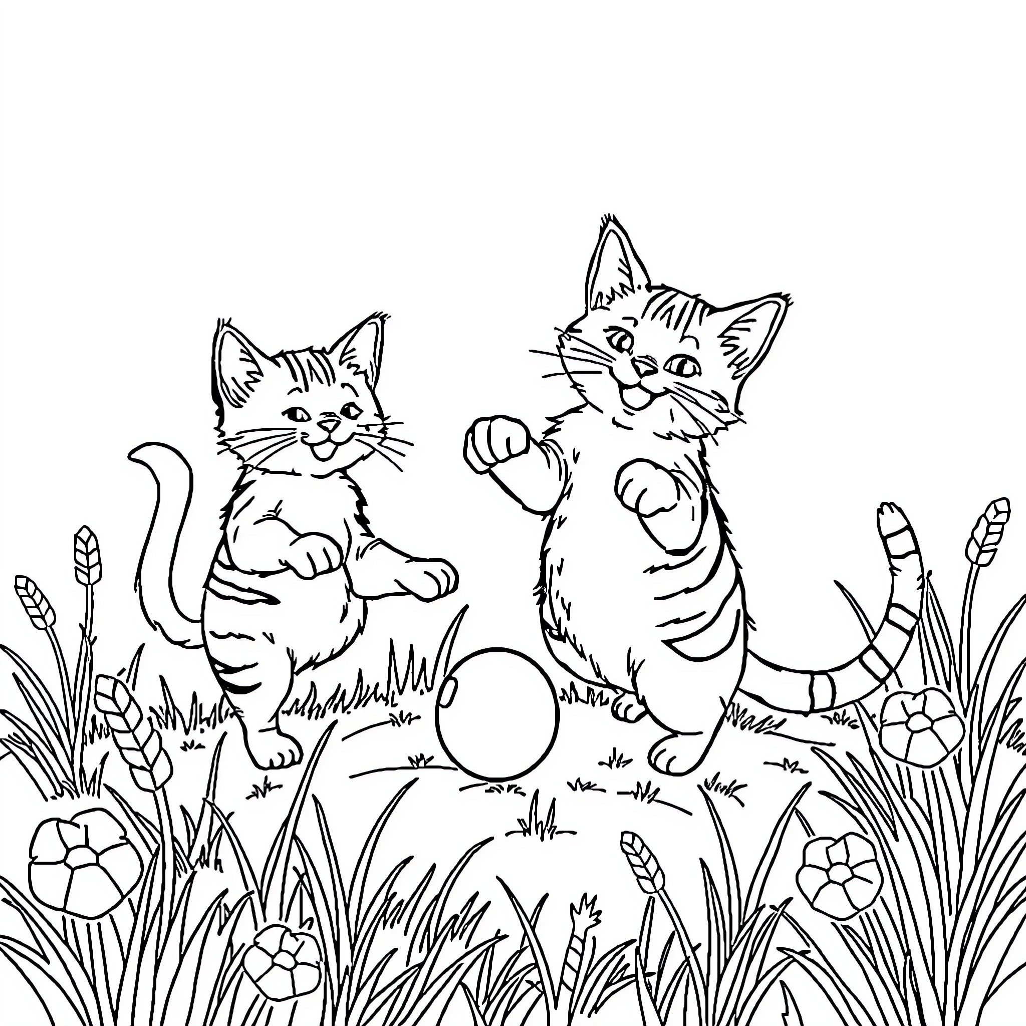 Cats playing joyfully in the grass Coloring Page (free black-and-white line drawing printable PDF for all, from beginners to advanced learners, including children, teens, adults, and seniors)