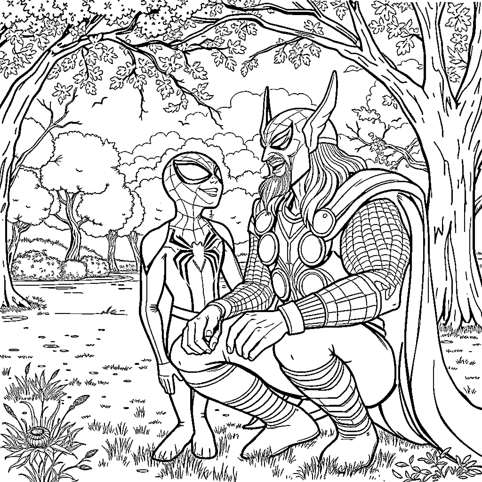 Spidy and Thor in a Whimsical Forest Scene Coloring Page (free black-and-white line drawing printable PDF for all, from beginners to advanced learners, including children, teens, adults, and seniors)