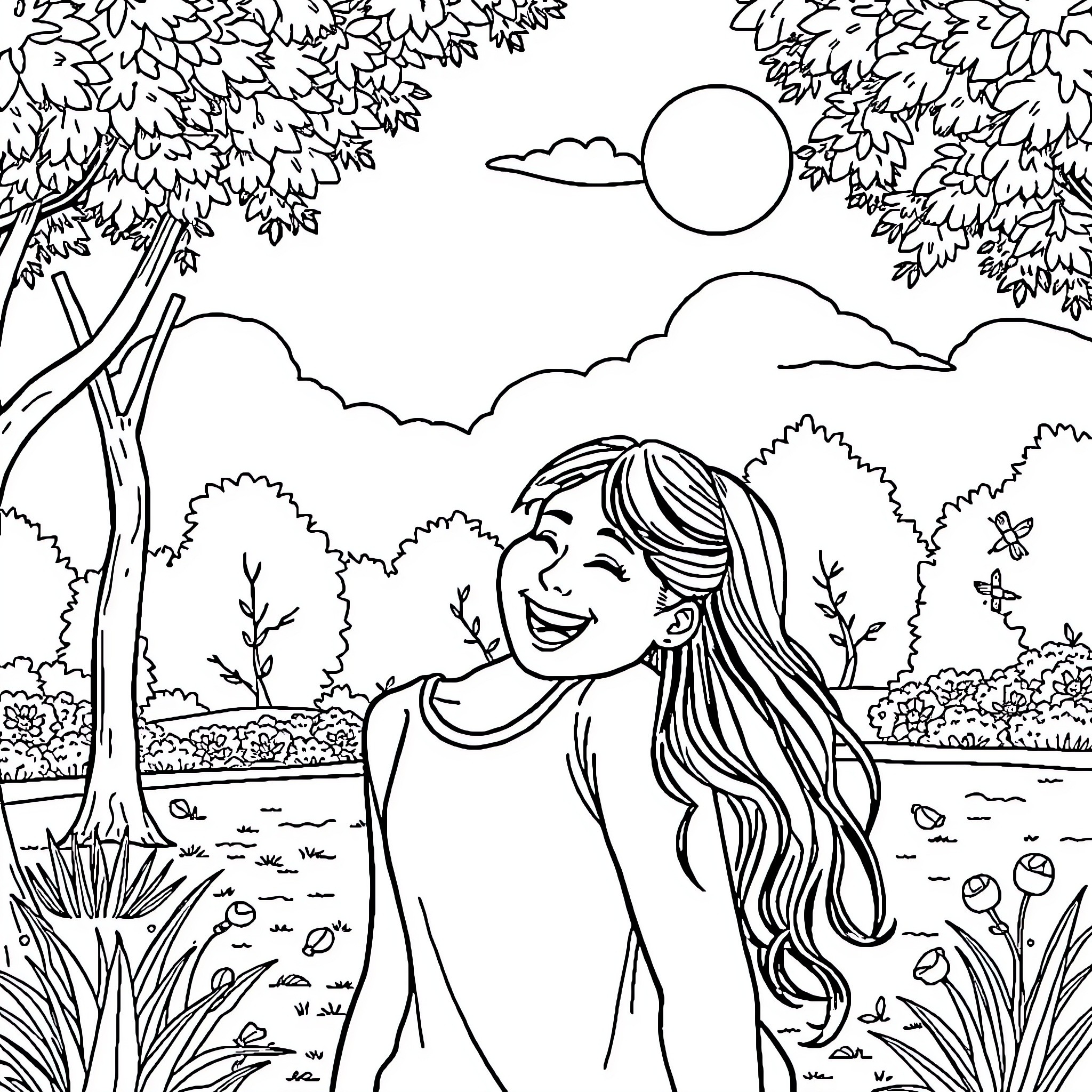 Girl smiling in a serene nature scene Coloring Page (free black-and-white line drawing printable PDF for all, from beginners to advanced learners, including children, teens, adults, and seniors)