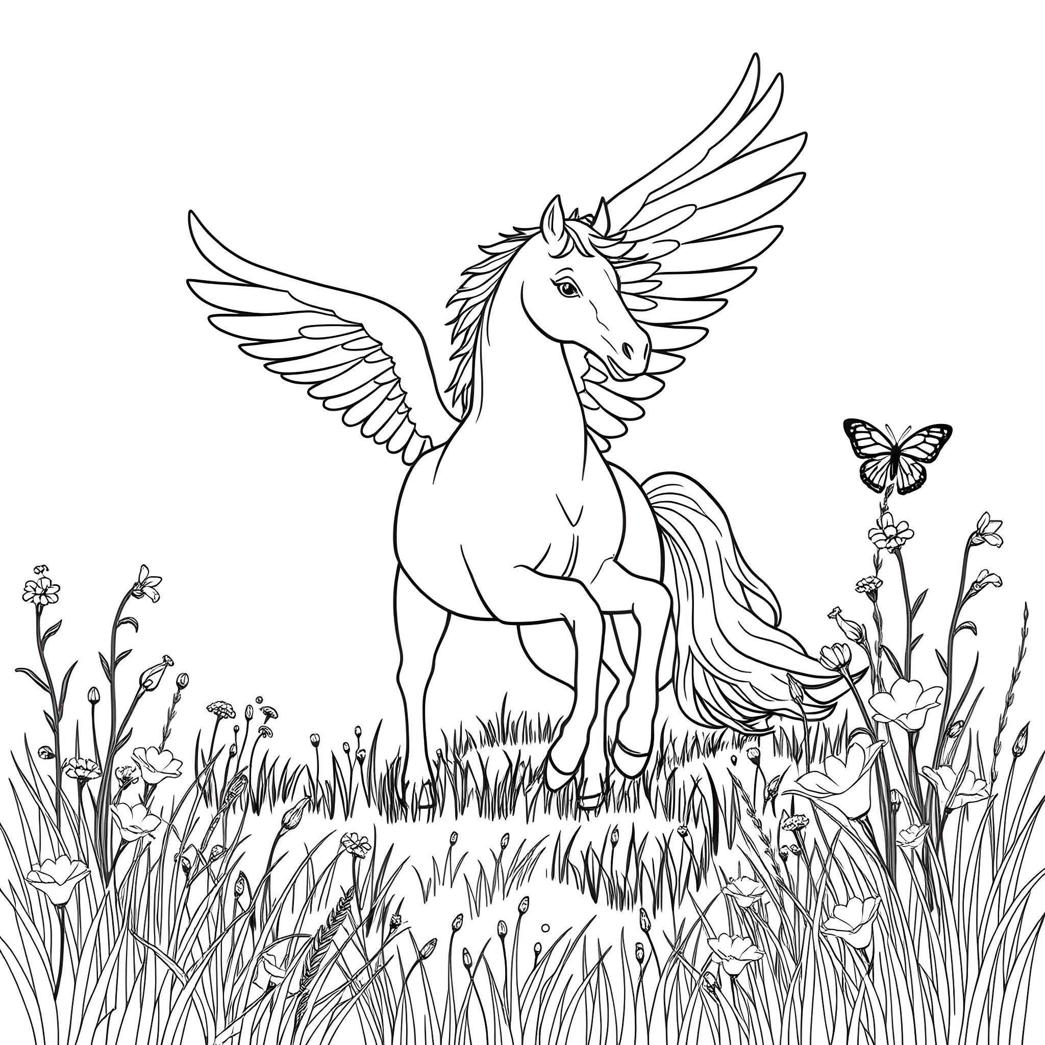 Pegasus soaring amidst a floral meadow Coloring Page (free black-and-white line drawing printable PDF for all, from beginners to advanced learners, including children, teens, adults, and seniors)
