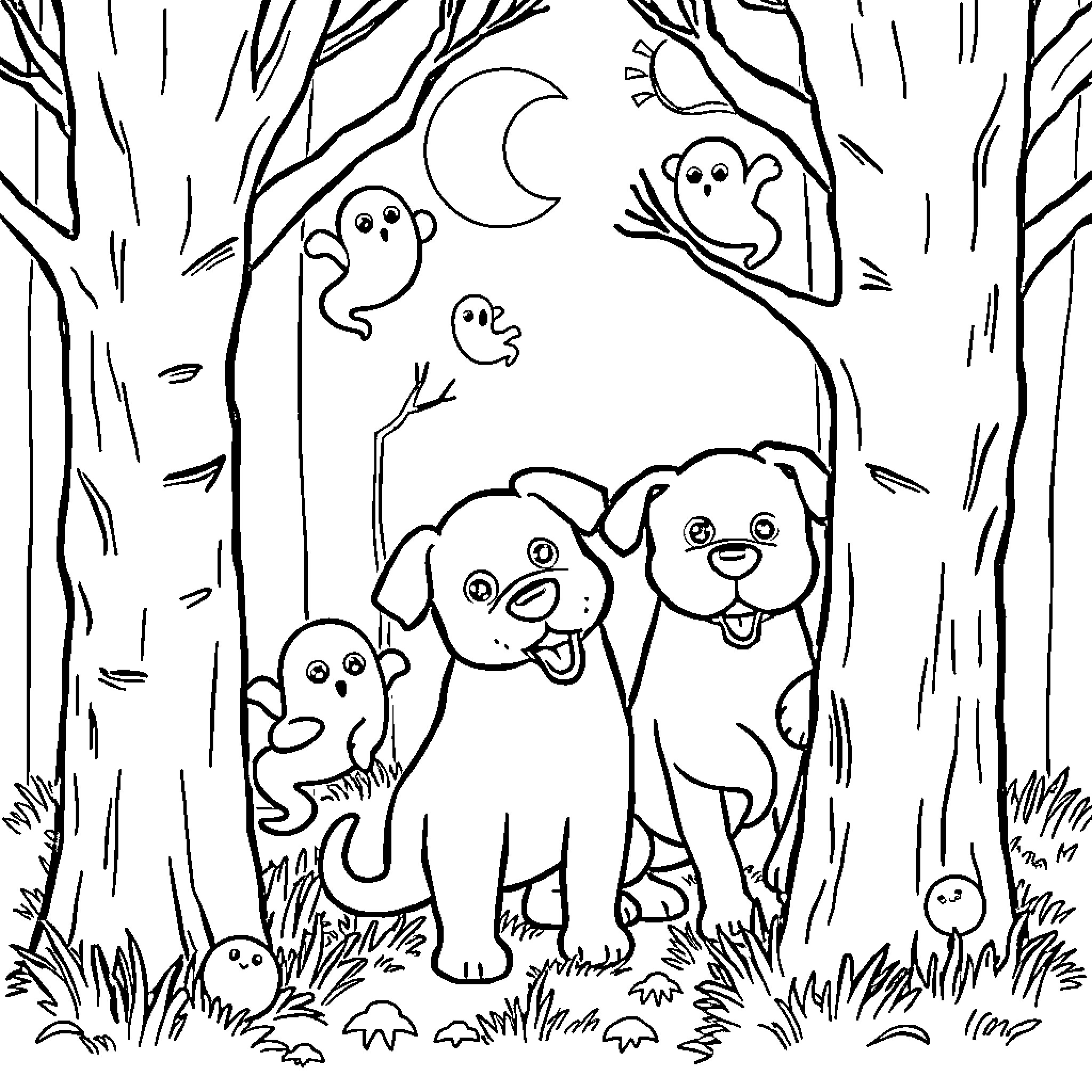 Ghost Dogs Playing in the Haunted Woods Coloring Page (free black-and-white line drawing printable PDF for all, from beginners to advanced learners, including children, teens, adults, and seniors)