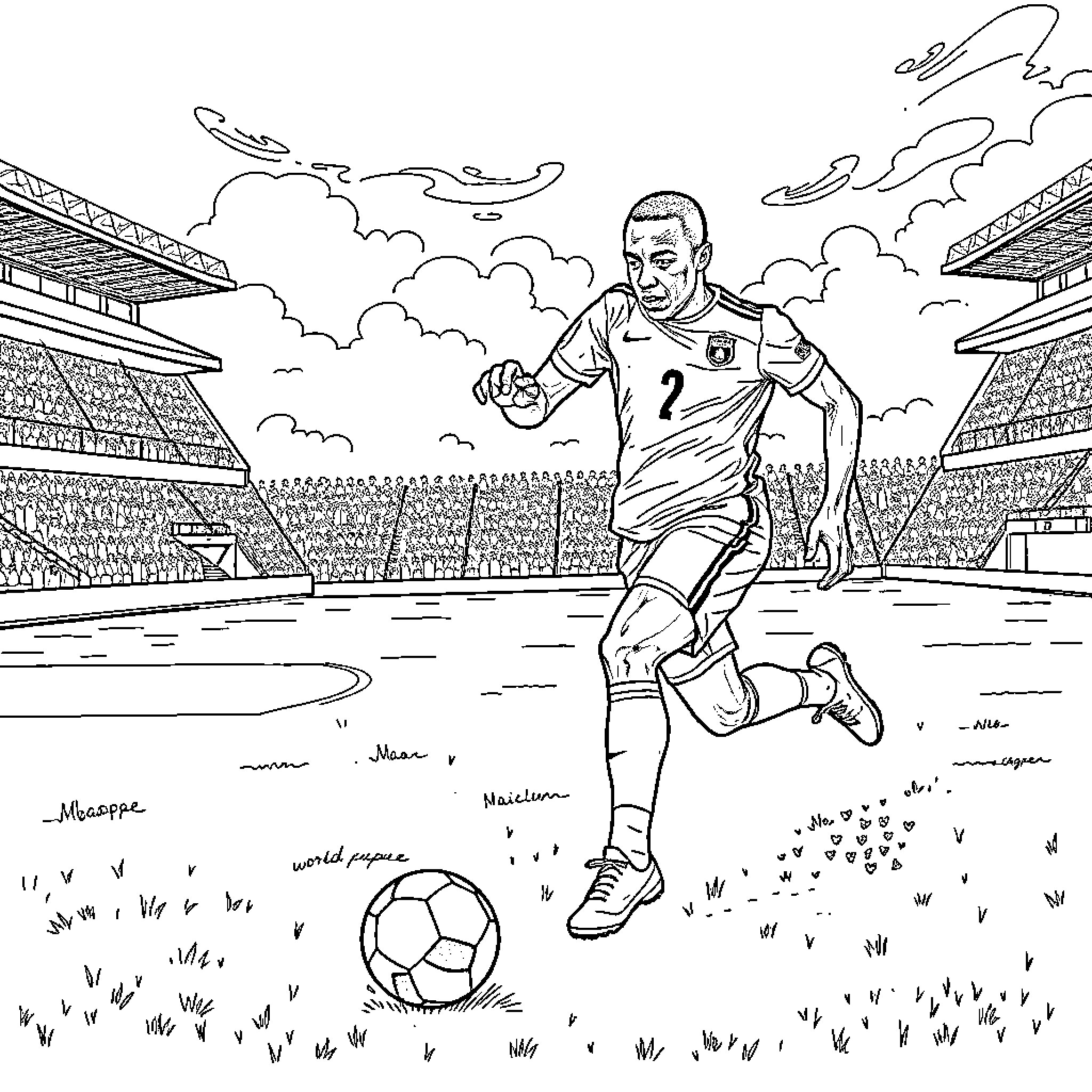 Mbappe dribbling with determination on the field Coloring Page (free black-and-white line drawing printable PDF for all, from beginners to advanced learners, including children, teens, adults, and seniors)
