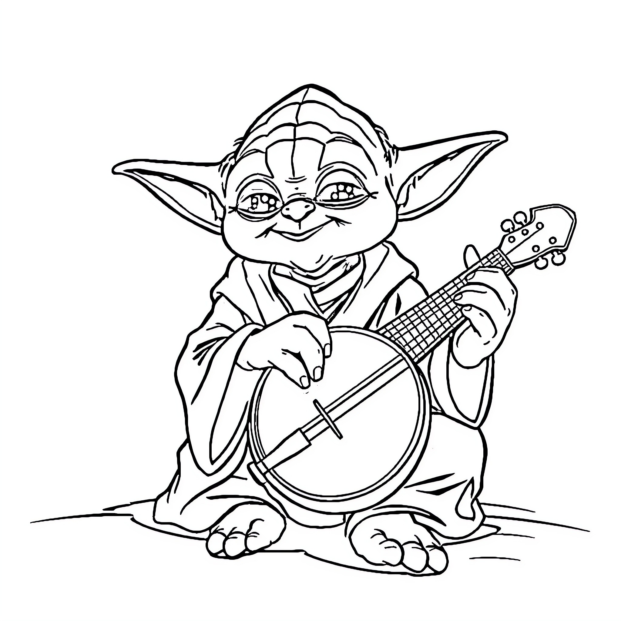 Yoda playing a musical instrument happily Coloring Page (free black-and-white line drawing printable PDF for all, from beginners to advanced learners, including children, teens, adults, and seniors)