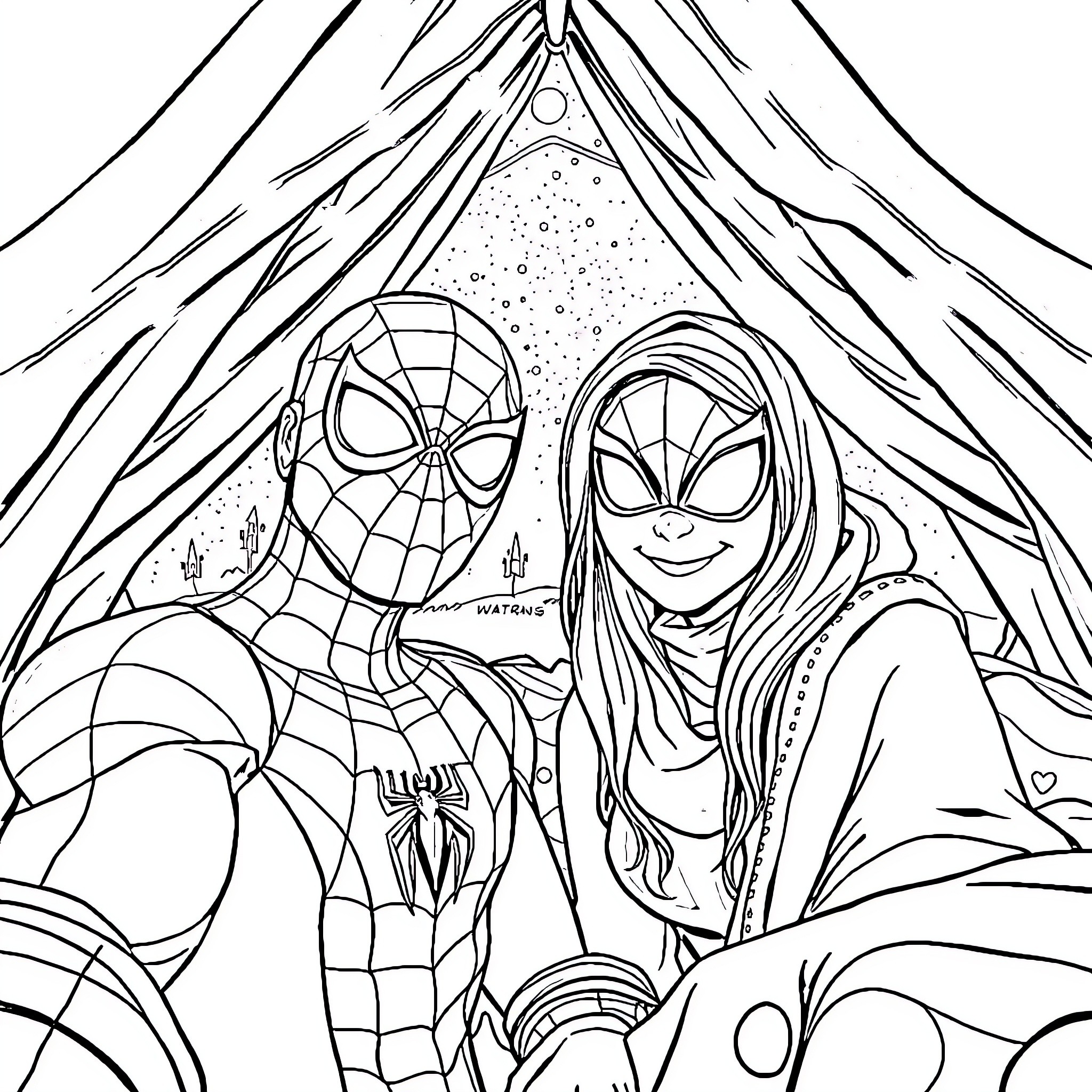 Spiderman and Spider-woman in heroic pose Coloring Page (free black-and-white line drawing printable PDF for all, from beginners to advanced learners, including children, teens, adults, and seniors)