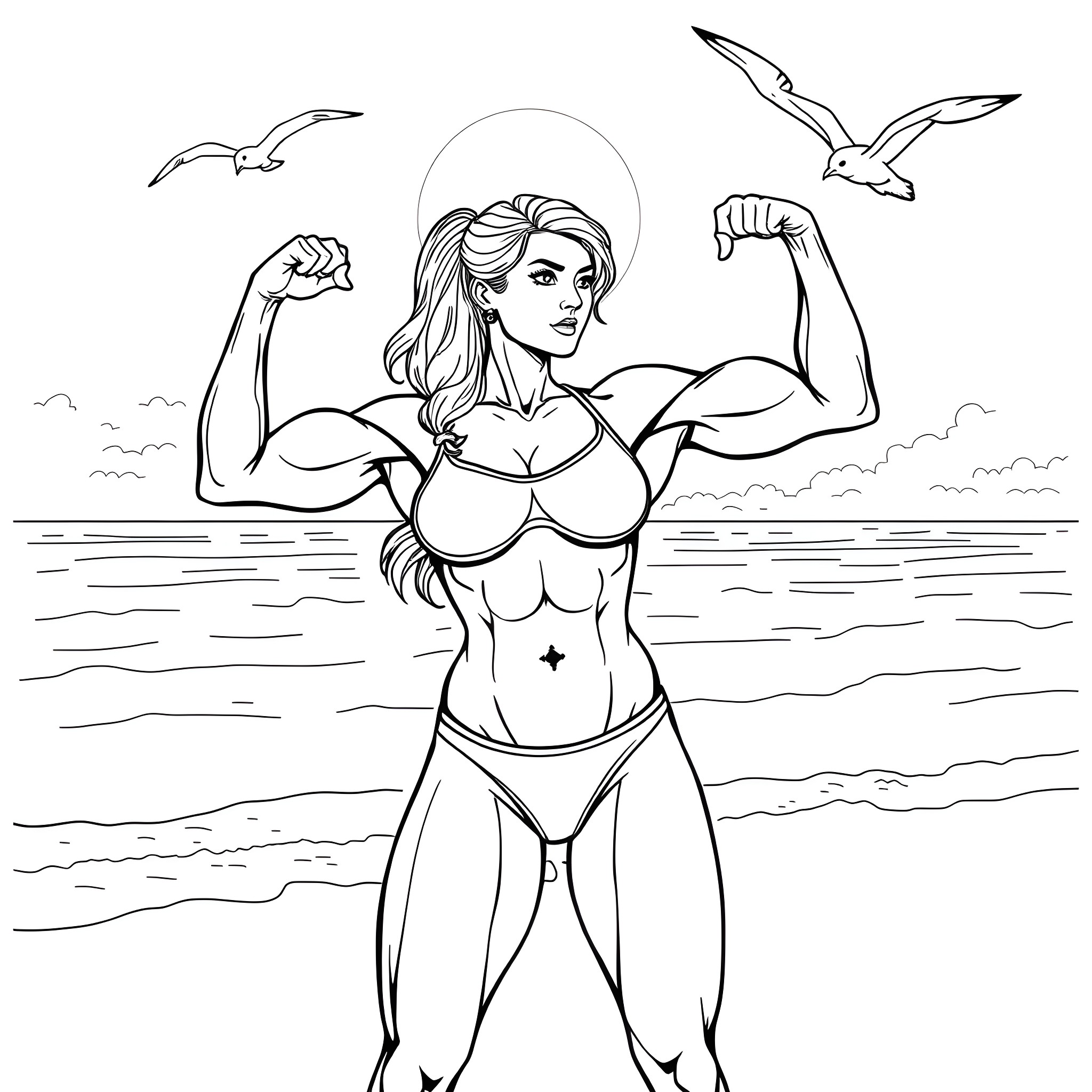 Bodybuilder flexing muscles on the beach Coloring Page (free black-and-white line drawing printable PDF for all, from beginners to advanced learners, including children, teens, adults, and seniors)