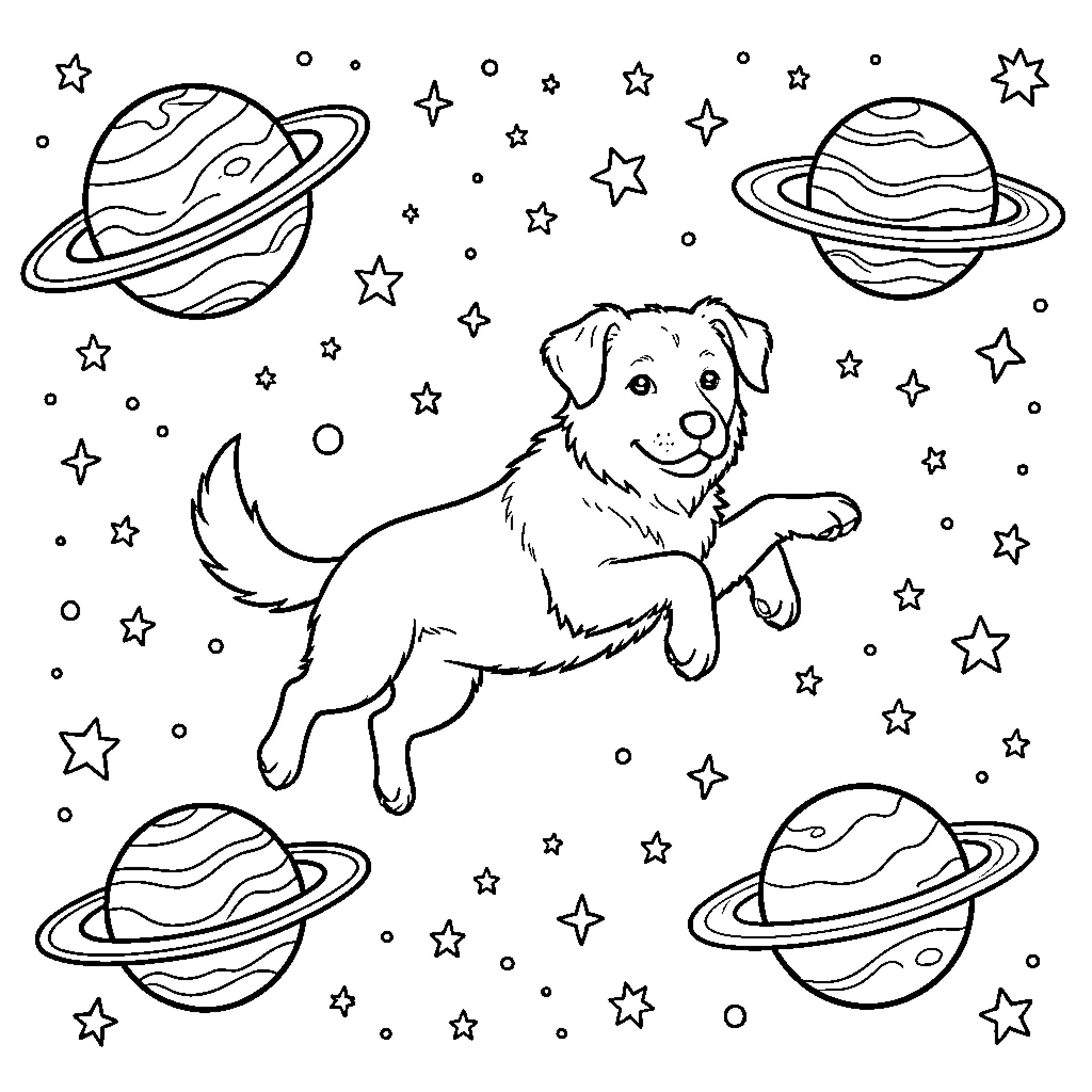 Dog floating joyfully through outer space among planets Coloring Page (free black-and-white line drawing printable PDF for all, from beginners to advanced learners, including children, teens, adults, and seniors)