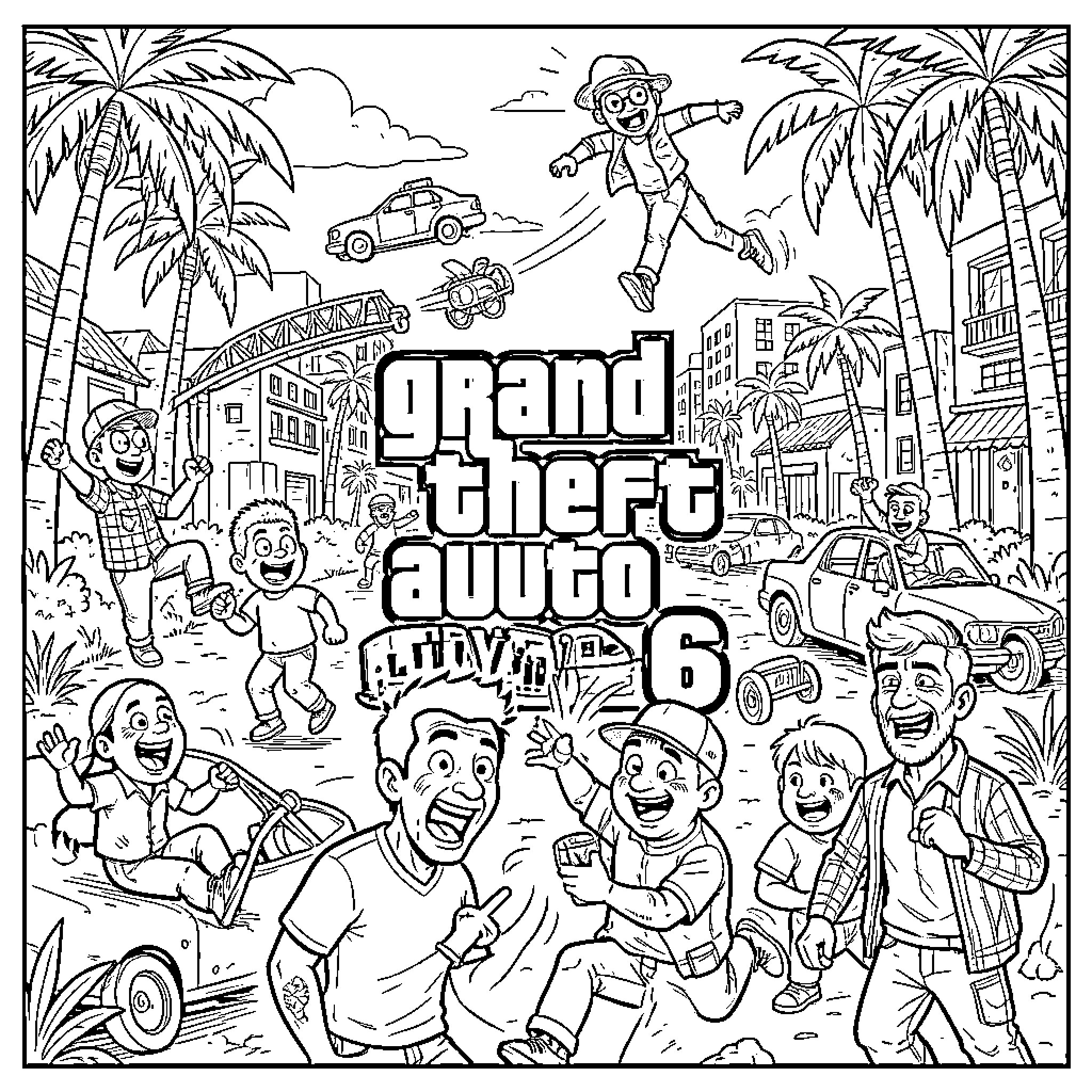 Grand Theft Auto: Lively City Scene with Characters in Action Coloring Page (free black-and-white line drawing printable PDF for all, from beginners to advanced learners, including children, teens, adults, and seniors)
