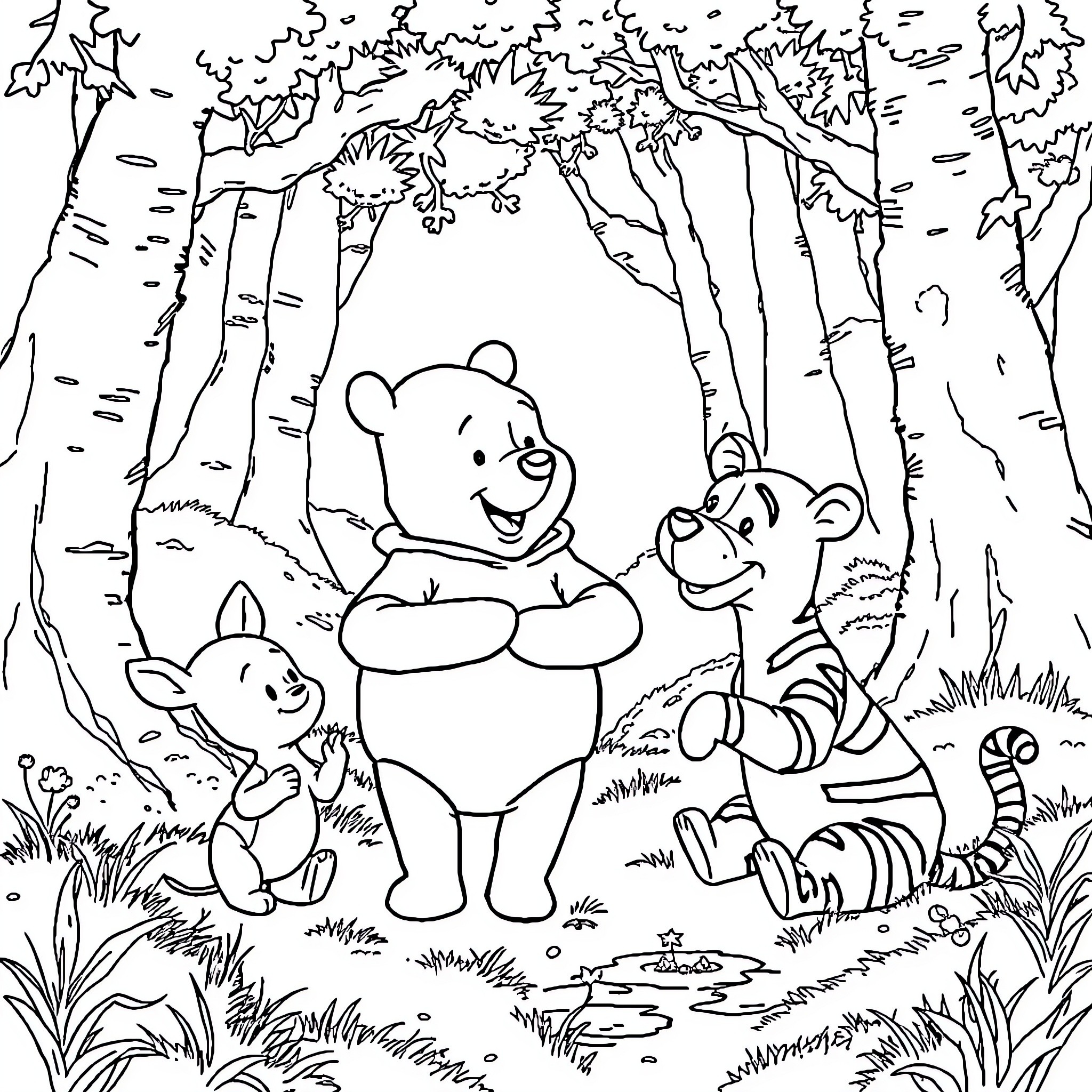 Winnie The Pooh and Friends Enjoying Nature Together Coloring Page (free black-and-white line drawing printable PDF for all, from beginners to advanced learners, including children, teens, adults, and seniors)