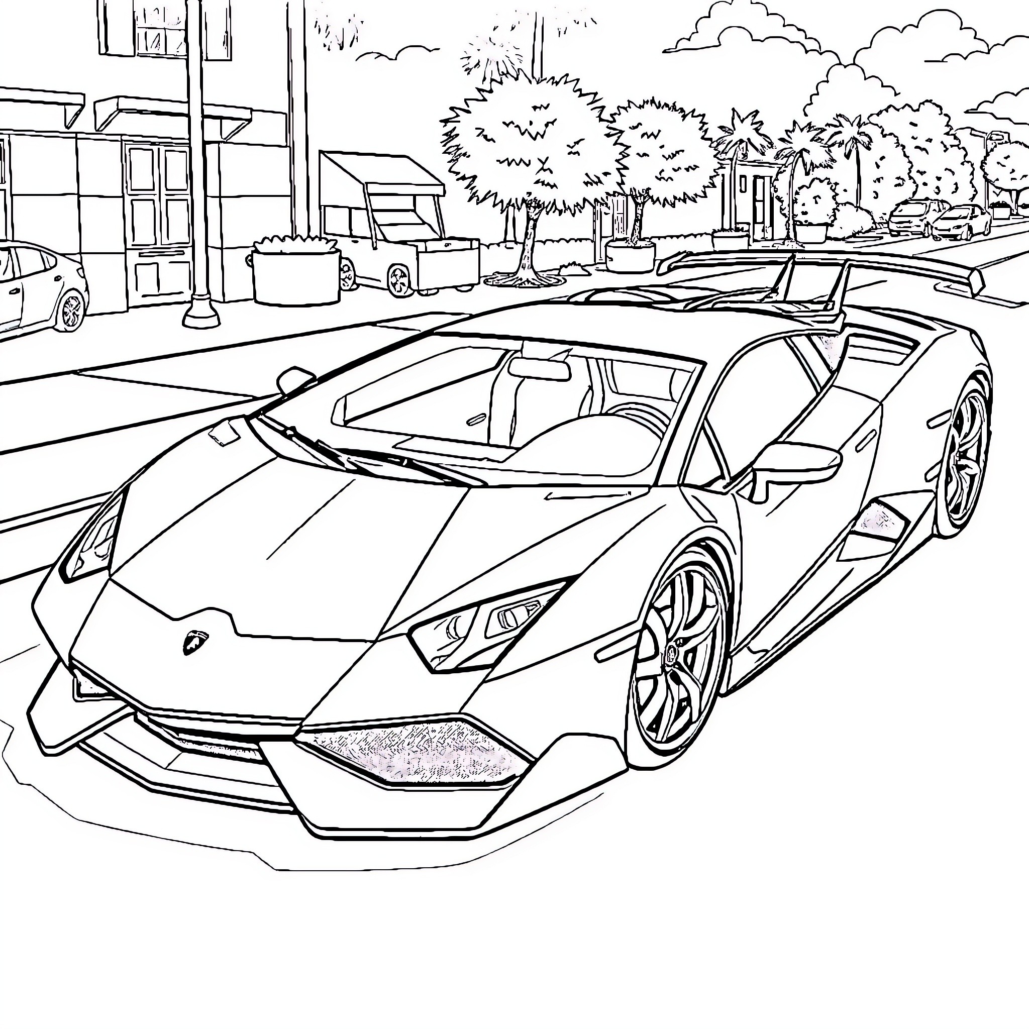 Lamborghini luxury sports car on city street Coloring Page (free black-and-white line drawing printable PDF for all, from beginners to advanced learners, including children, teens, adults, and seniors)