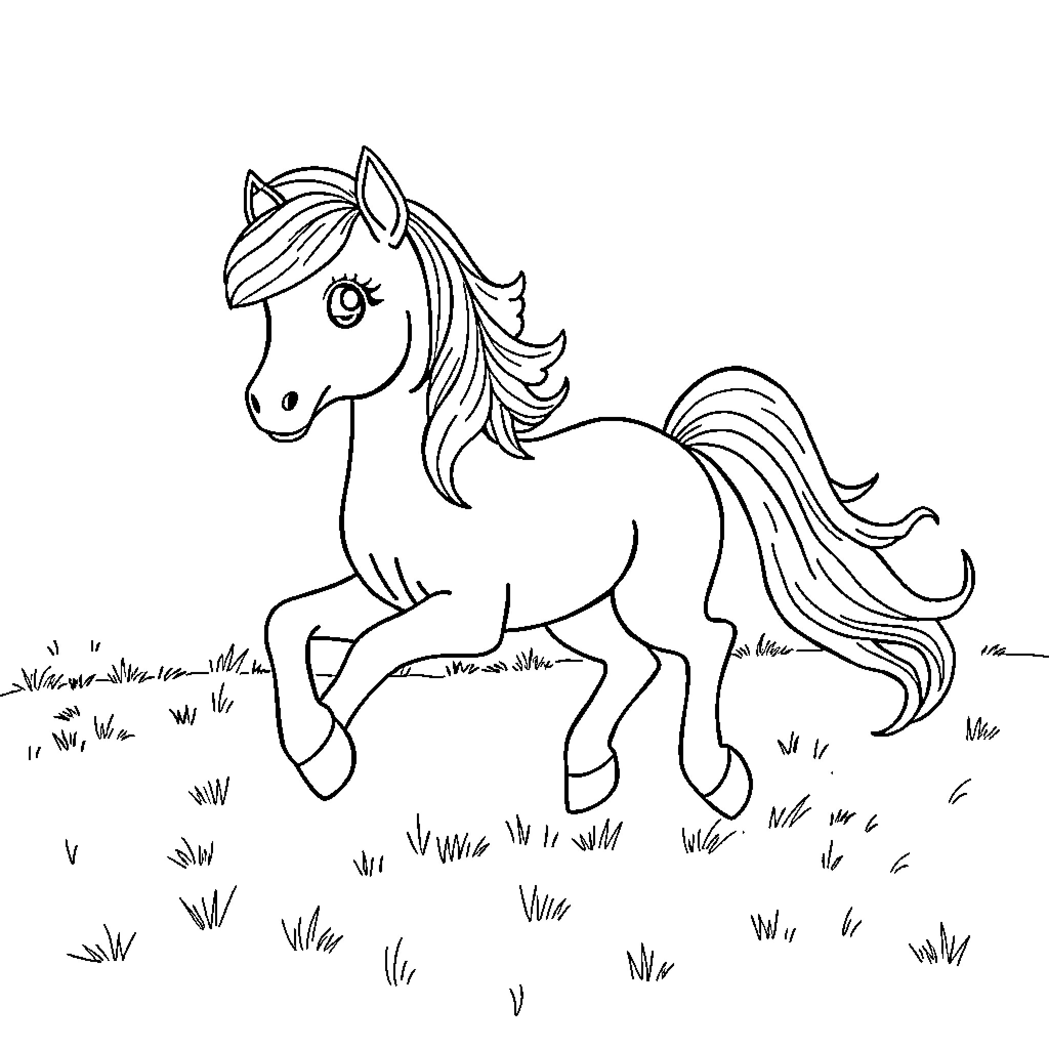Pony frolicking happily in the meadow Coloring Page (free black-and-white line drawing printable PDF for all, from beginners to advanced learners, including children, teens, adults, and seniors)