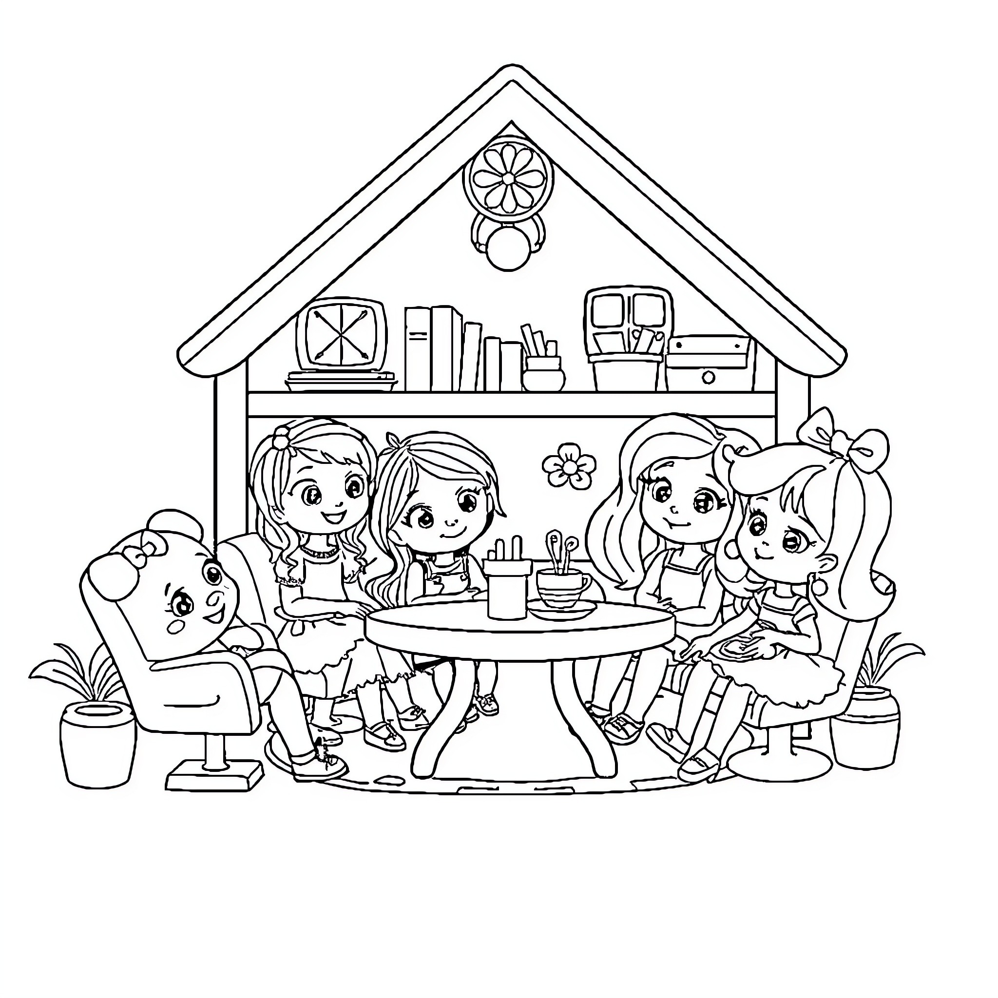 Gabby's Dollhouse: Friends enjoying a playful gathering Coloring Page (free black-and-white line drawing printable PDF for all, from beginners to advanced learners, including children, teens, adults, and seniors)