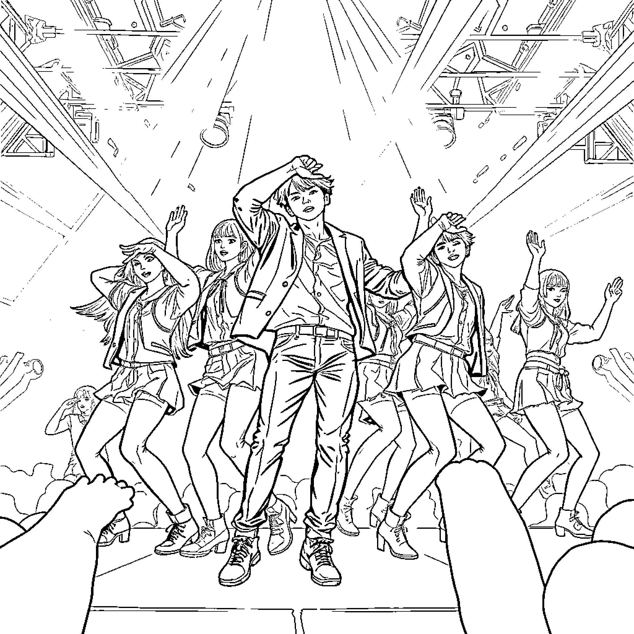 K Pop Group Performing Energetic Dance on Stage Coloring Page (free black-and-white line drawing printable PDF for all, from beginners to advanced learners, including children, teens, adults, and seniors)