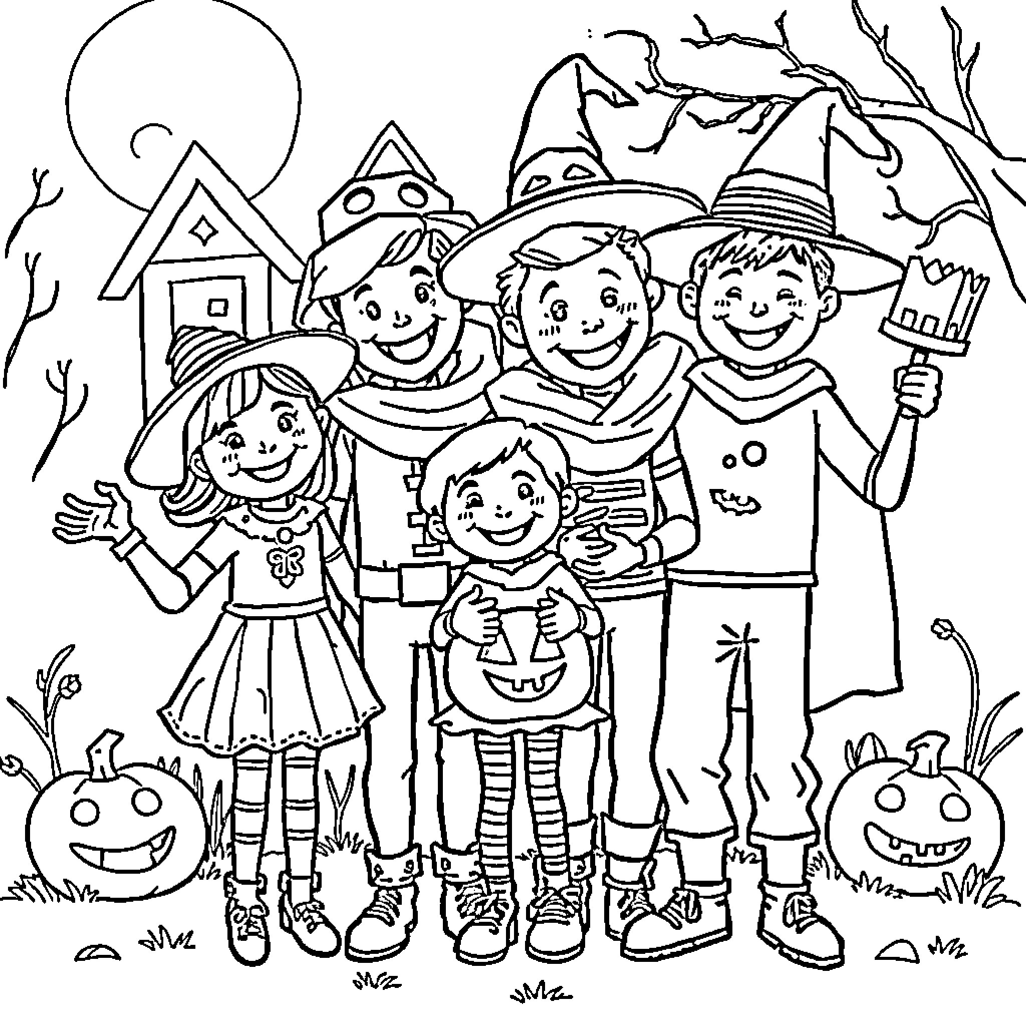 Family Celebrating Halloween Together in Costumes Coloring Page (free black-and-white line drawing printable PDF for all, from beginners to advanced learners, including children, teens, adults, and seniors)