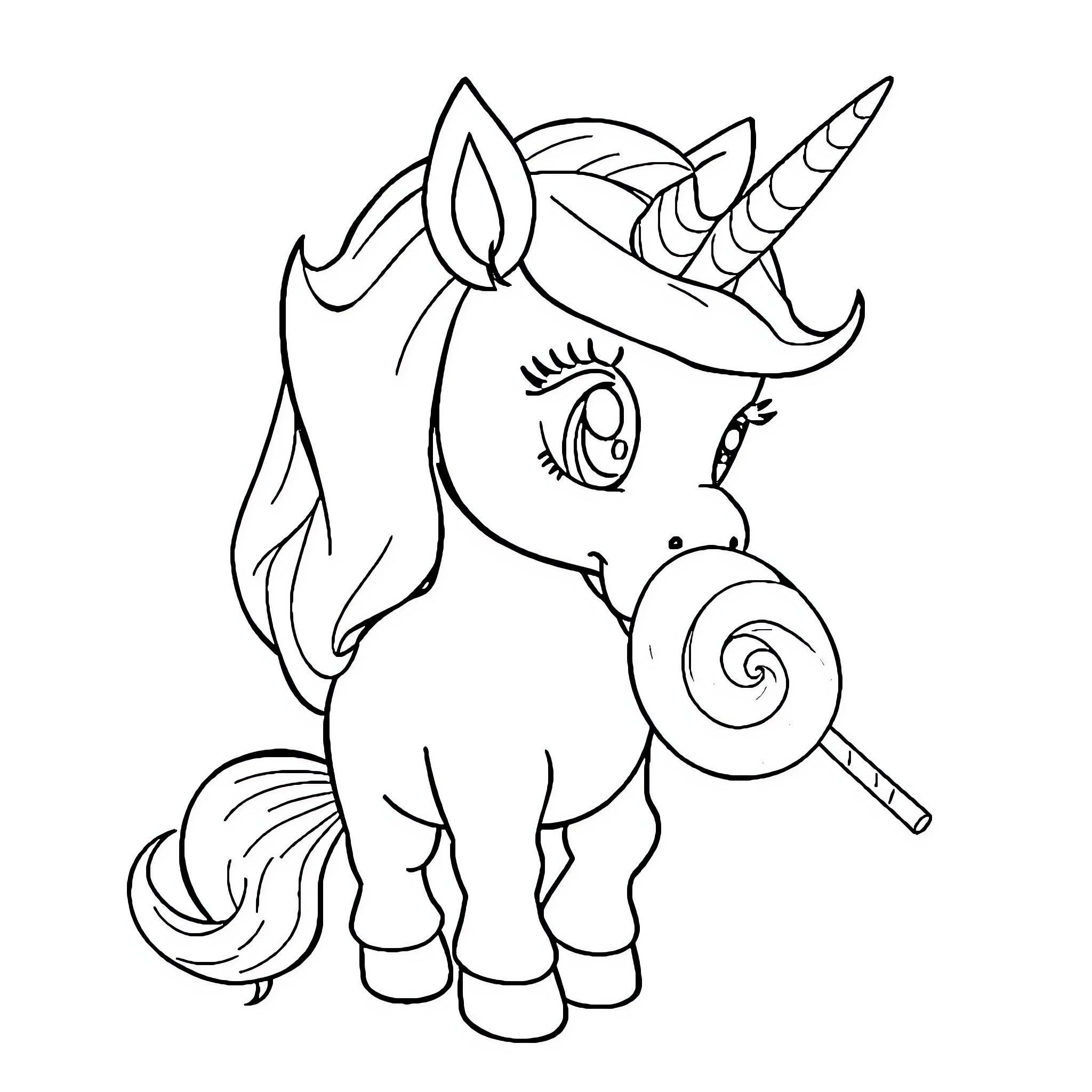 Unicorn Enjoying a Lollipop Treat Coloring Page (free black-and-white line drawing printable PDF for all, from beginners to advanced learners, including children, teens, adults, and seniors)