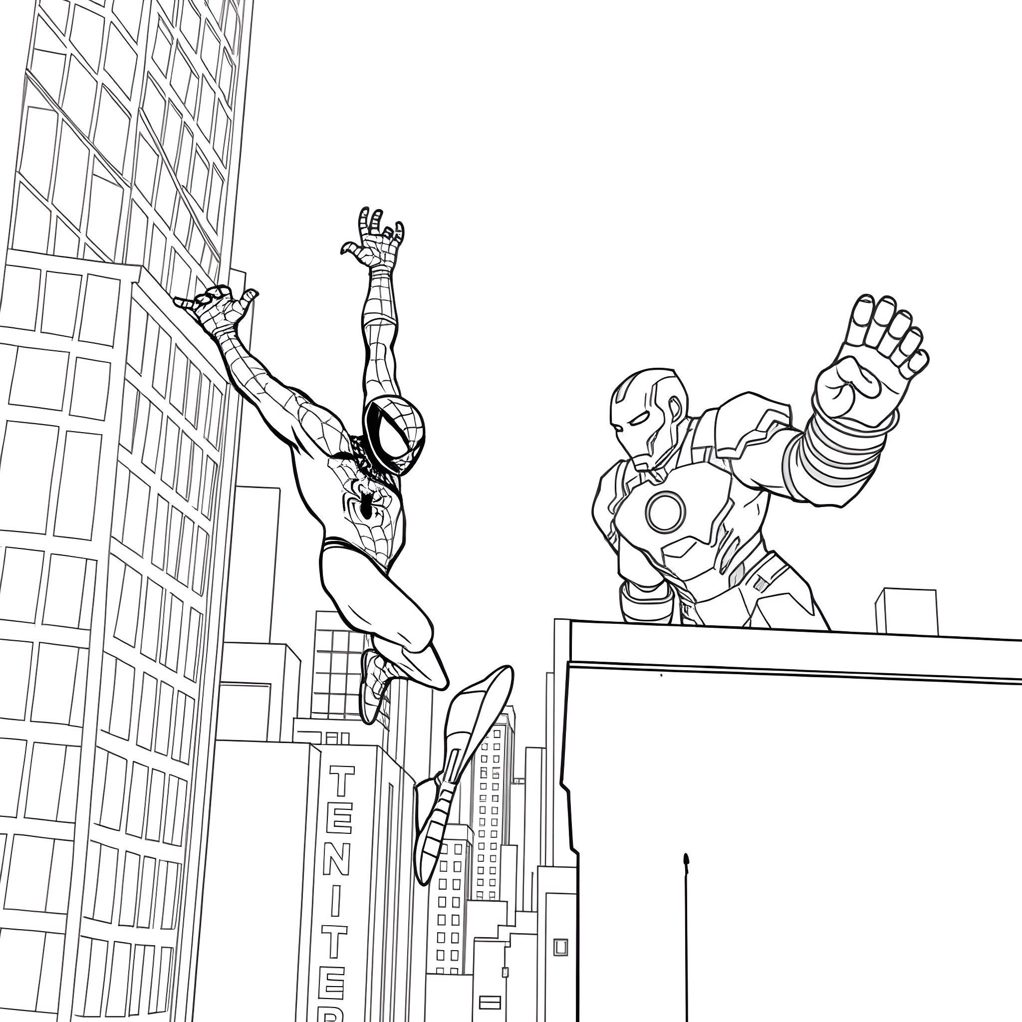 Spider-Man swinging above the city as Iron Man assists Coloring Page (free black-and-white line drawing printable PDF for all, from beginners to advanced learners, including children, teens, adults, and seniors)