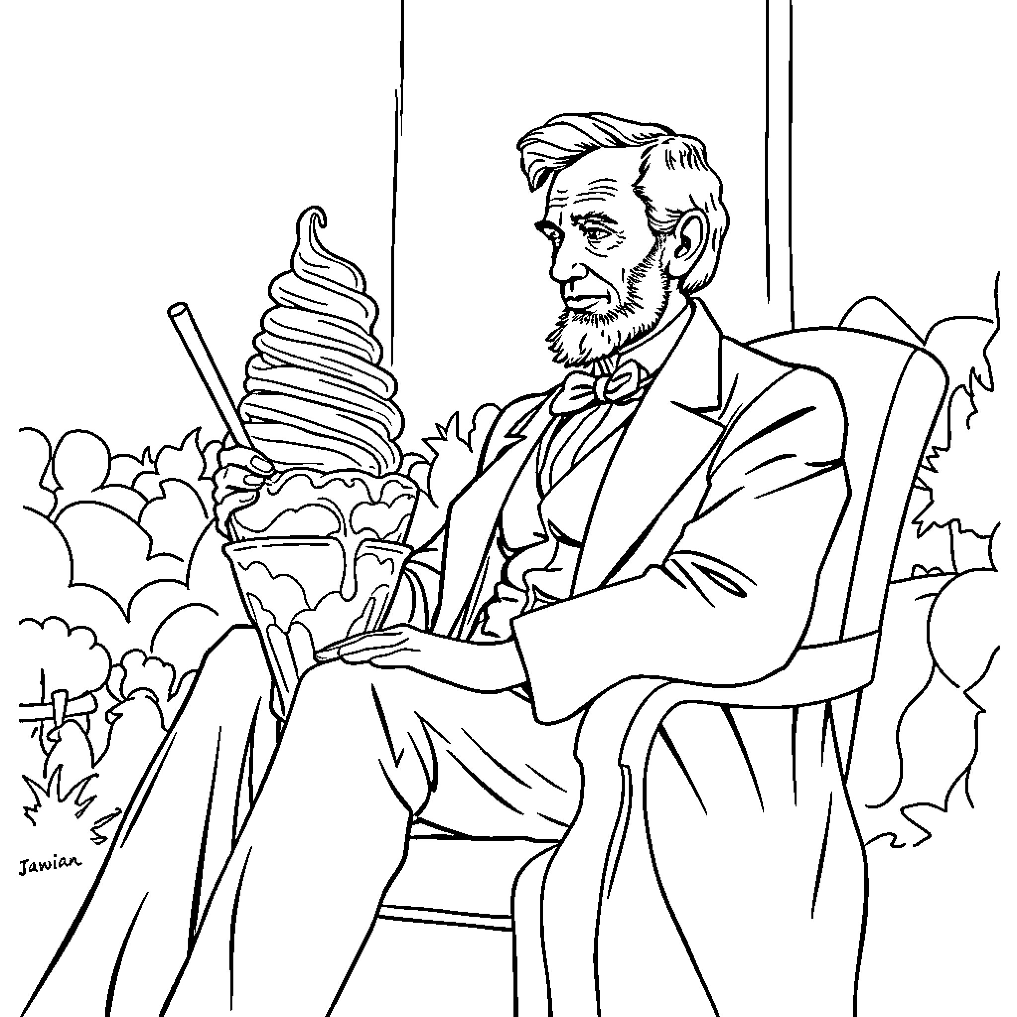 Abraham Lincoln Sitting Among Fanciful Landscapes Coloring Page (free black-and-white line drawing printable PDF for all, from beginners to advanced learners, including children, teens, adults, and seniors)