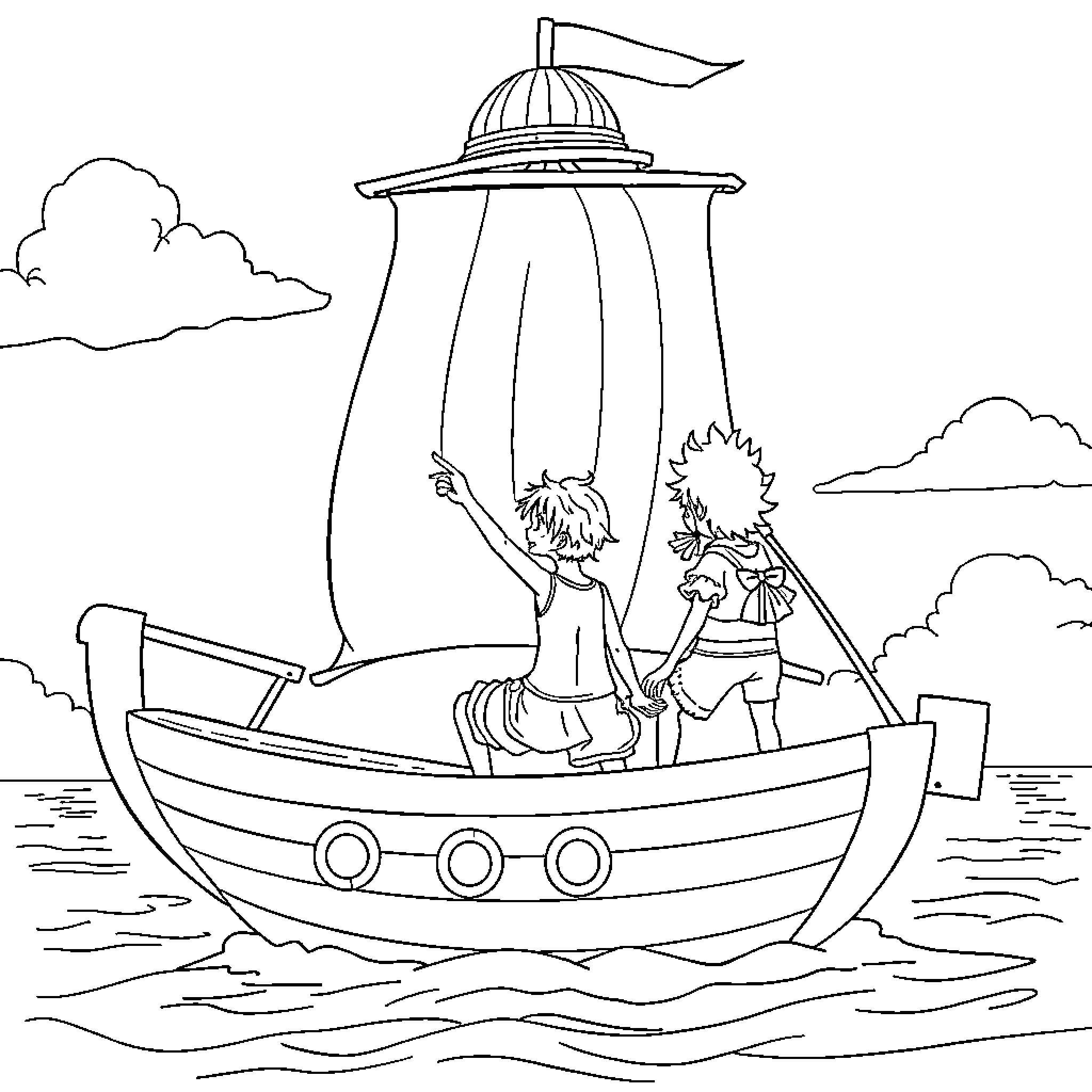 One Piece: Adventure on the High Seas Coloring Page (free black-and-white line drawing printable PDF for all, from beginners to advanced learners, including children, teens, adults, and seniors)