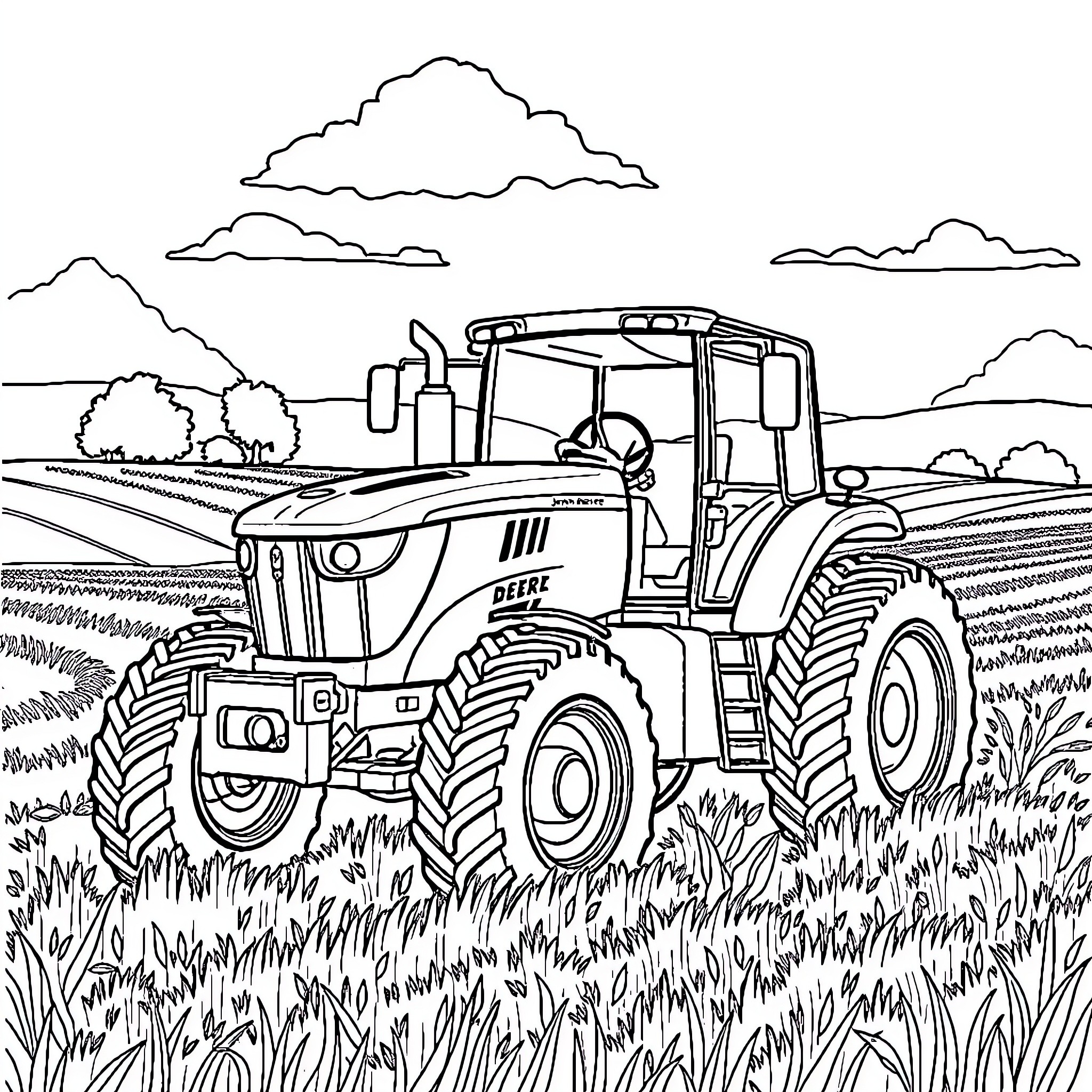 Tractor plowing through lush field Coloring Page (free black-and-white line drawing printable PDF for all, from beginners to advanced learners, including children, teens, adults, and seniors)