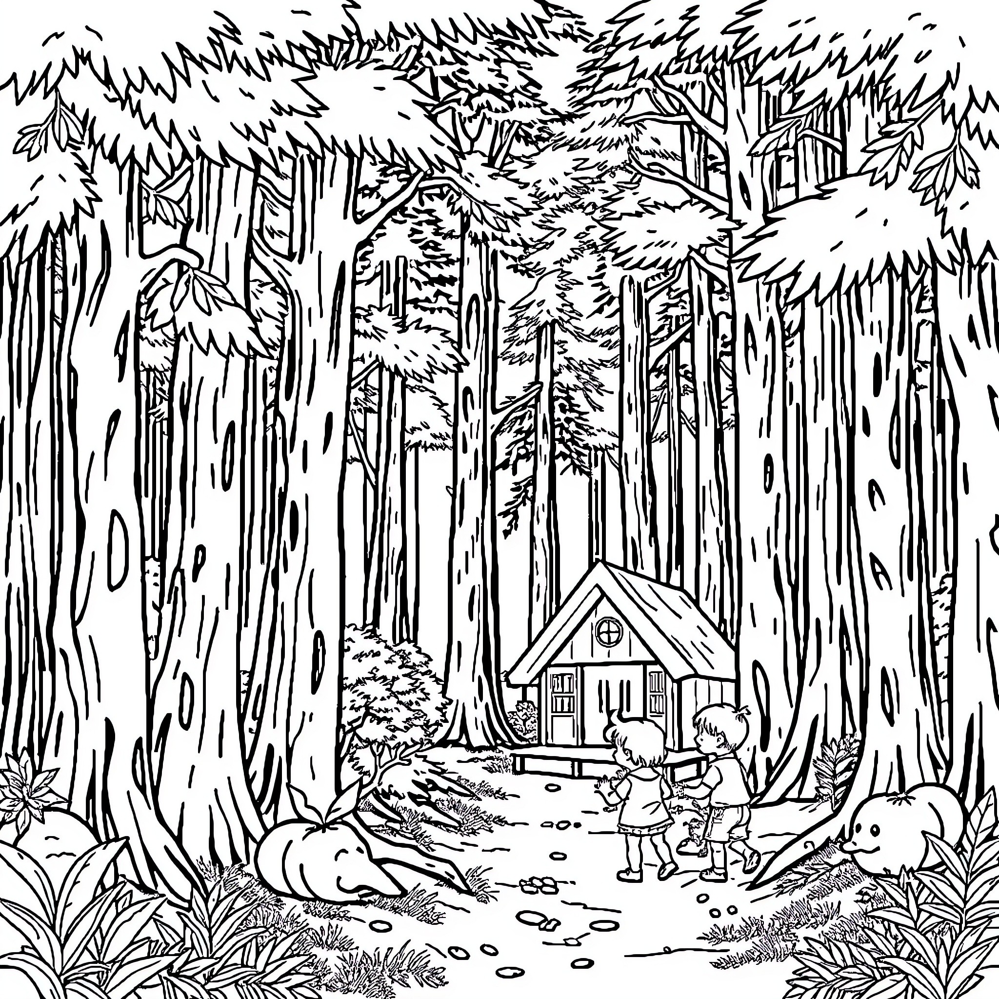 Forest Scene with Cabin and Hikers Coloring Page (free black-and-white line drawing printable PDF for all, from beginners to advanced learners, including children, teens, adults, and seniors)