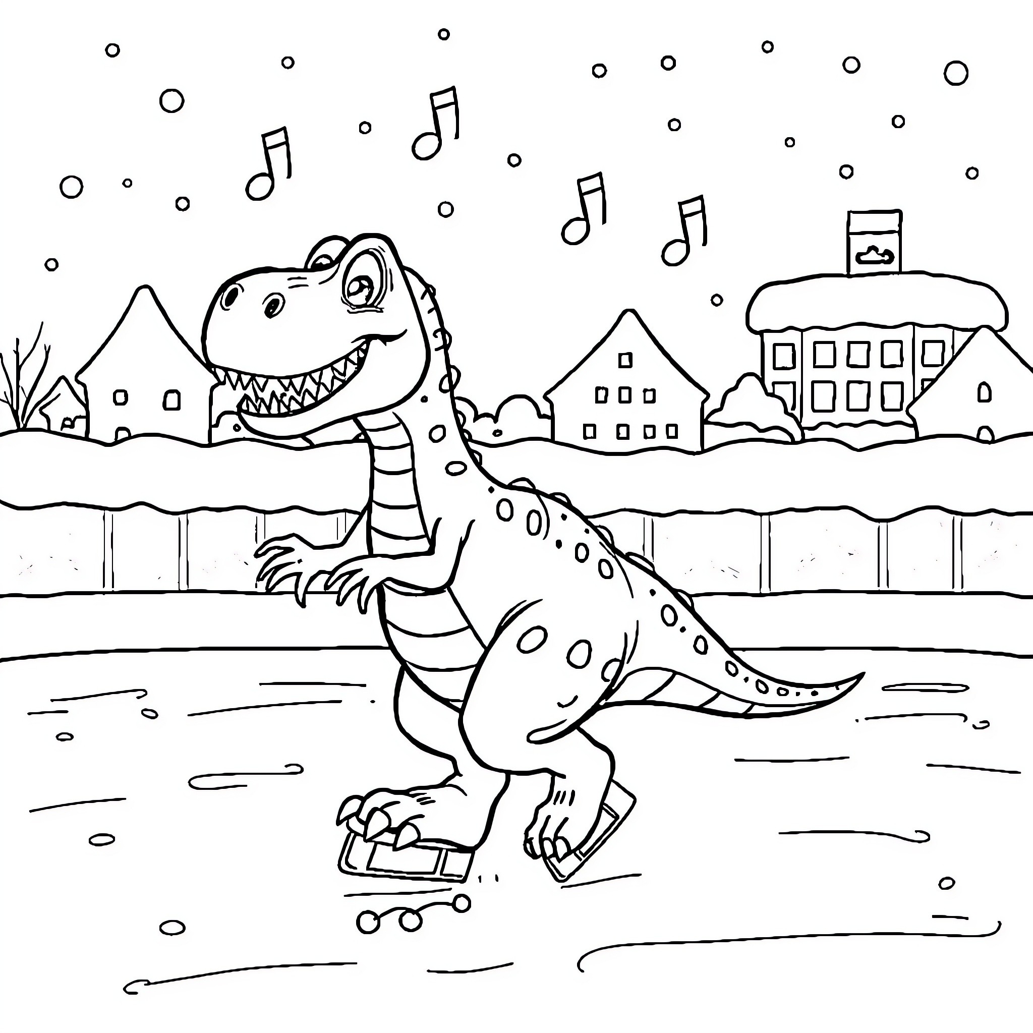 Reptar Rocking Out in the Snowy Town Coloring Page (free black-and-white line drawing printable PDF for all, from beginners to advanced learners, including children, teens, adults, and seniors)