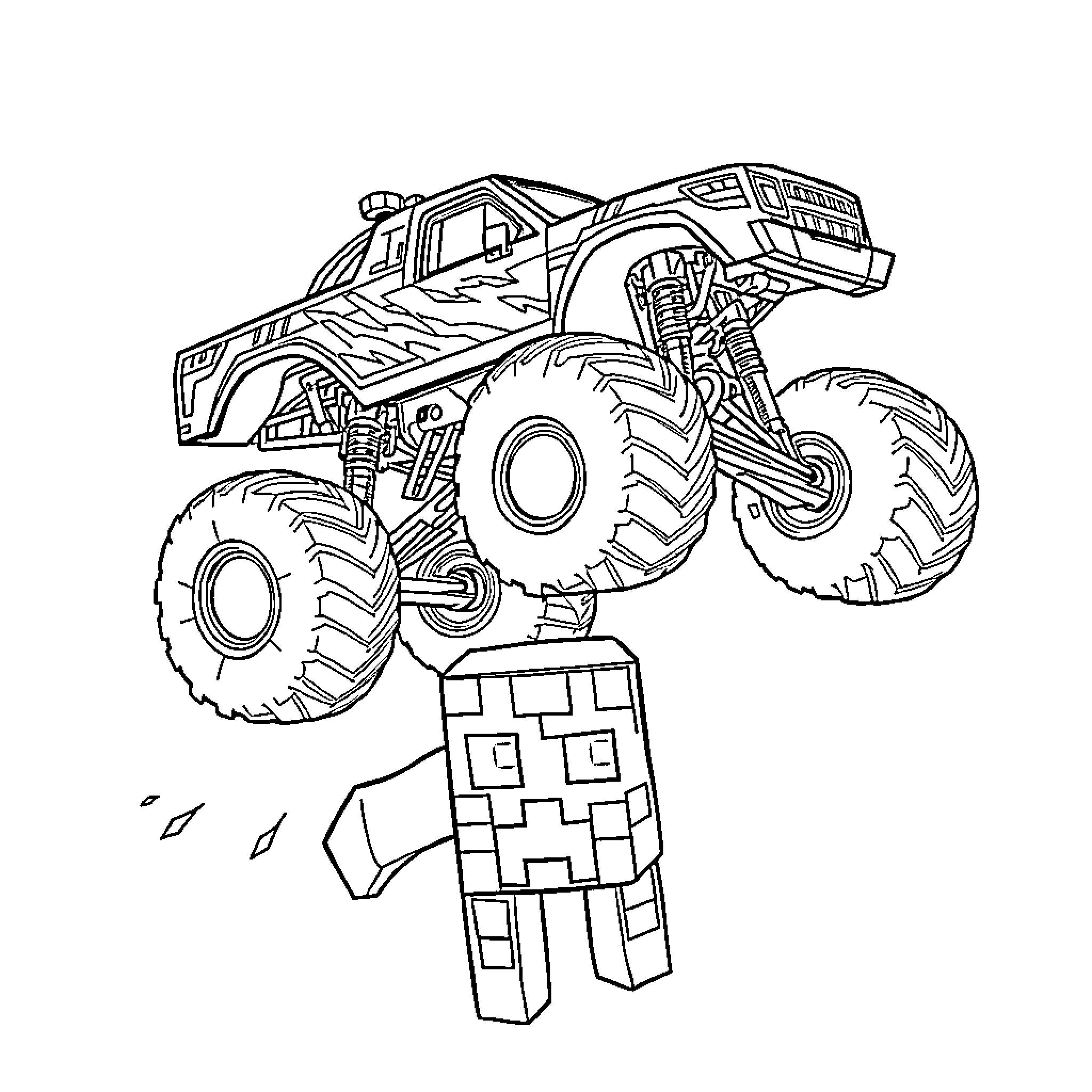 Monster Truck Crushing a Crate Coloring Page (free black-and-white line drawing printable PDF for all, from beginners to advanced learners, including children, teens, adults, and seniors)