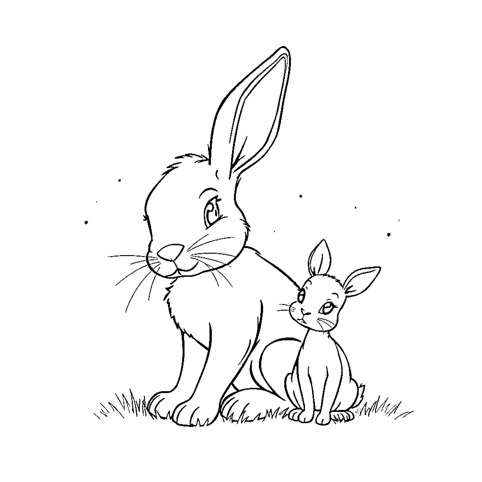 Rabbit family in the meadow Coloring Page (free black-and-white line drawing printable PDF for all, from beginners to advanced learners, including children, teens, adults, and seniors)