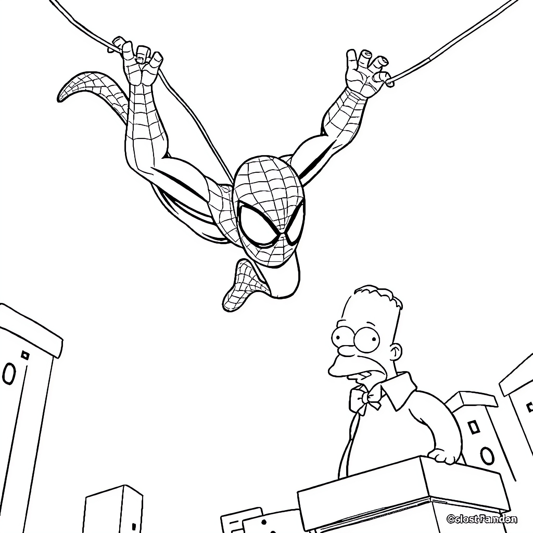 Spider-Man swinging high above the city Coloring Page (free black-and-white line drawing printable PDF for all, from beginners to advanced learners, including children, teens, adults, and seniors)