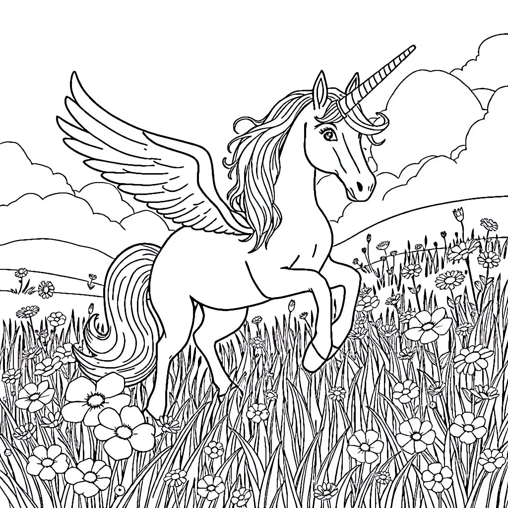 Unicorn soaring gracefully through a flowery meadow Coloring Page (free black-and-white line drawing printable PDF for all, from beginners to advanced learners, including children, teens, adults, and seniors)