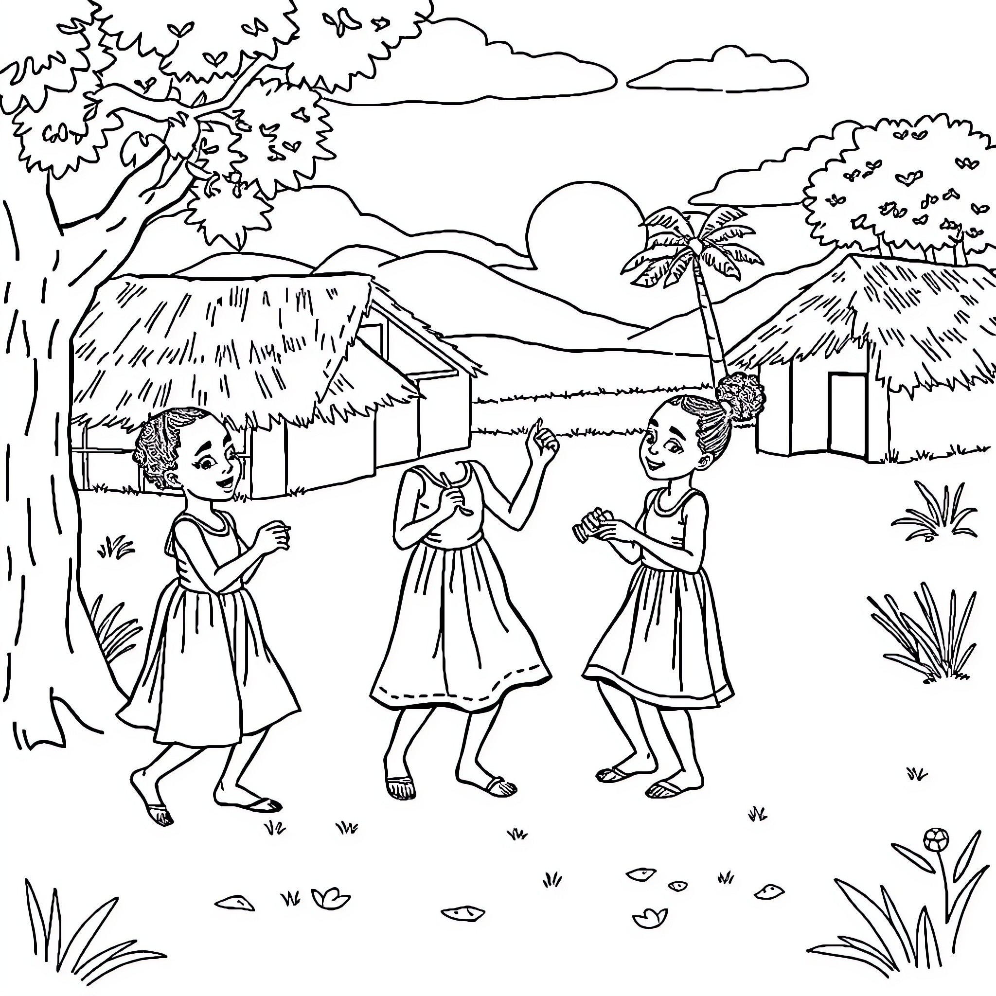 Child Playing in Tropical Village Scene Coloring Page (free black-and-white line drawing printable PDF for all, from beginners to advanced learners, including children, teens, adults, and seniors)