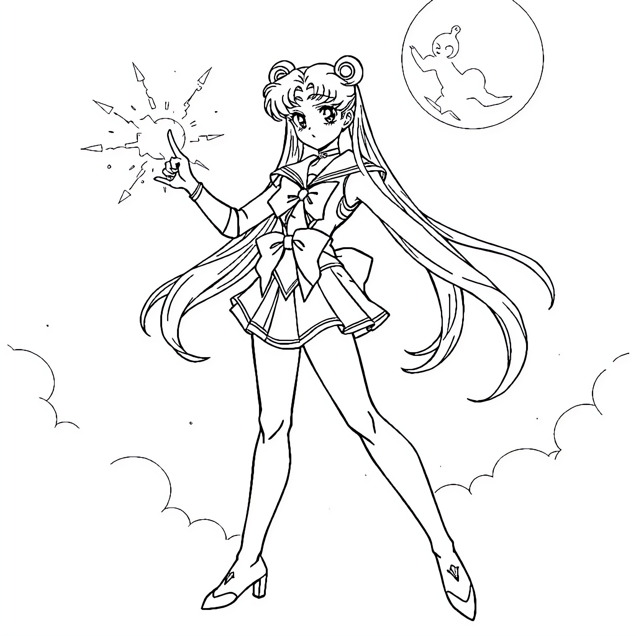Sailor Moon using magical powers in the sky Coloring Page (free black-and-white line drawing printable PDF for all, from beginners to advanced learners, including children, teens, adults, and seniors)