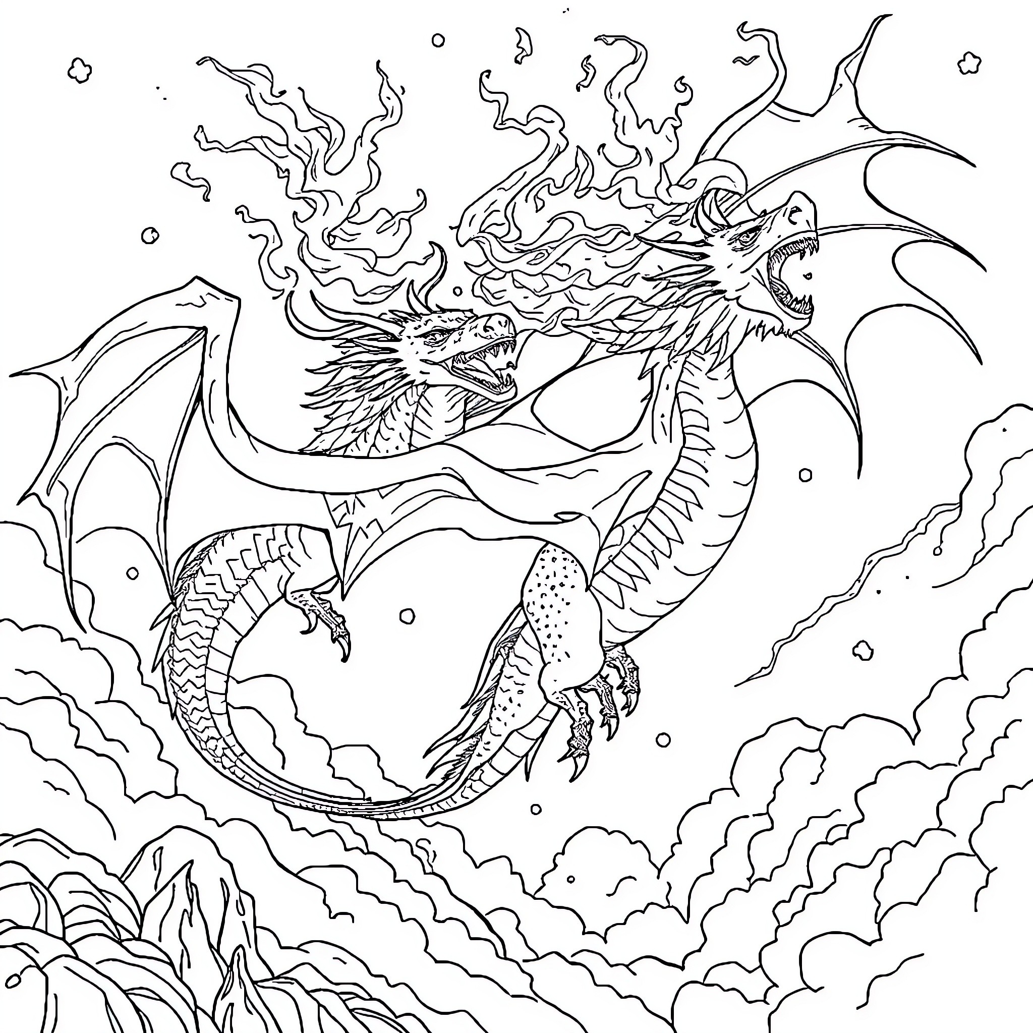 Dragon breathing fiery flames in the sky Coloring Page (free black-and-white line drawing printable PDF for all, from beginners to advanced learners, including children, teens, adults, and seniors)