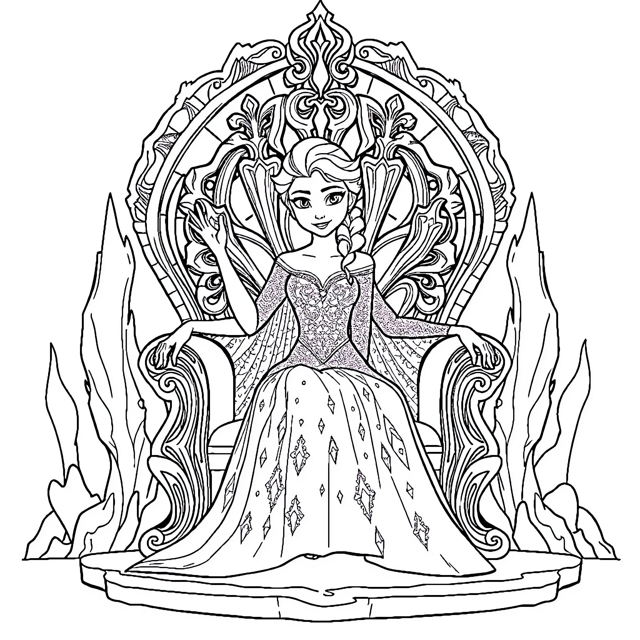 Elsa in a Regal Throne Room Setting Coloring Page (free black-and-white line drawing printable PDF for all, from beginners to advanced learners, including children, teens, adults, and seniors)