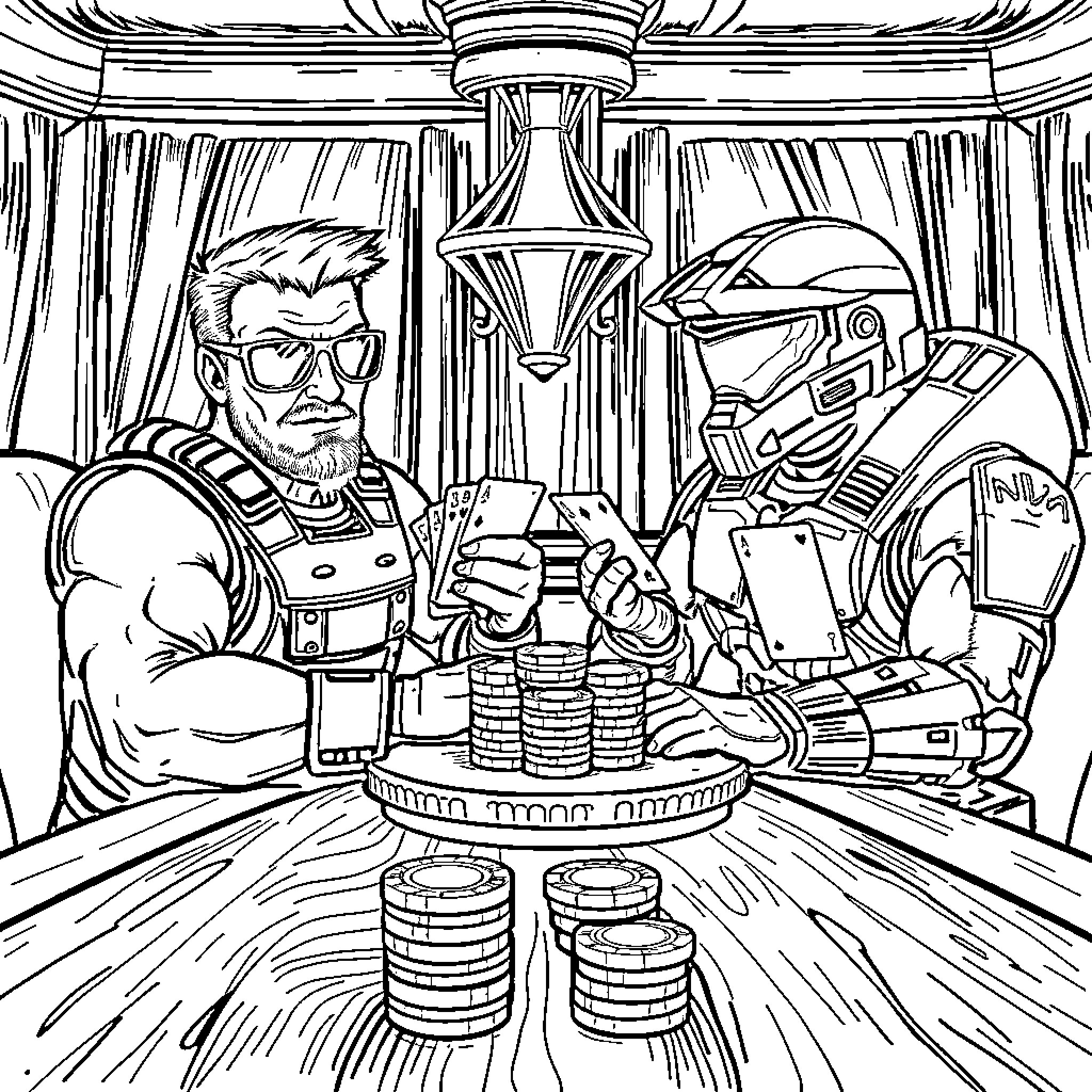 Duke Nukem and Mech Warrior in Epic Battle Coloring Page (free black-and-white line drawing printable PDF for all, from beginners to advanced learners, including children, teens, adults, and seniors)